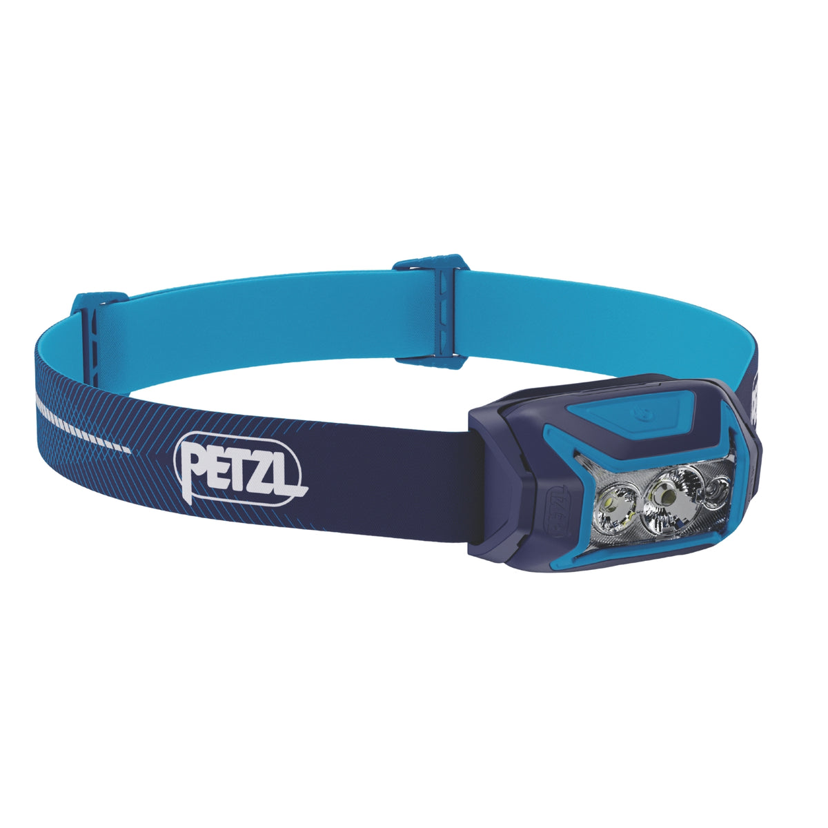 Blue and navy headlamp with Petzl logo on a white background