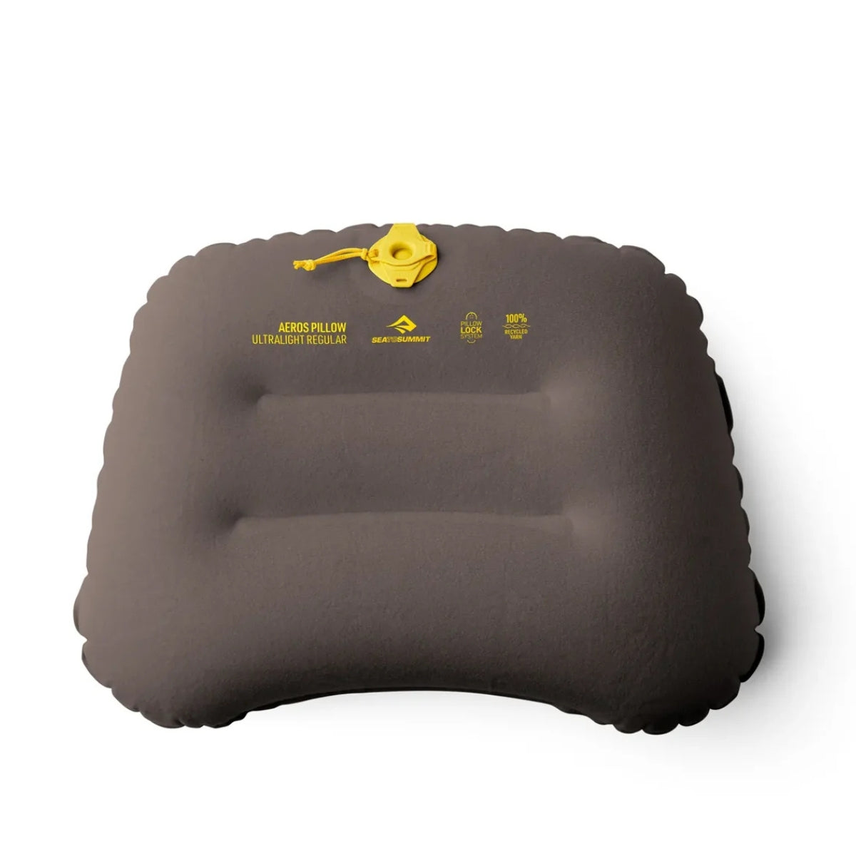 Blue inflatable pillow with a brand logo on a white background