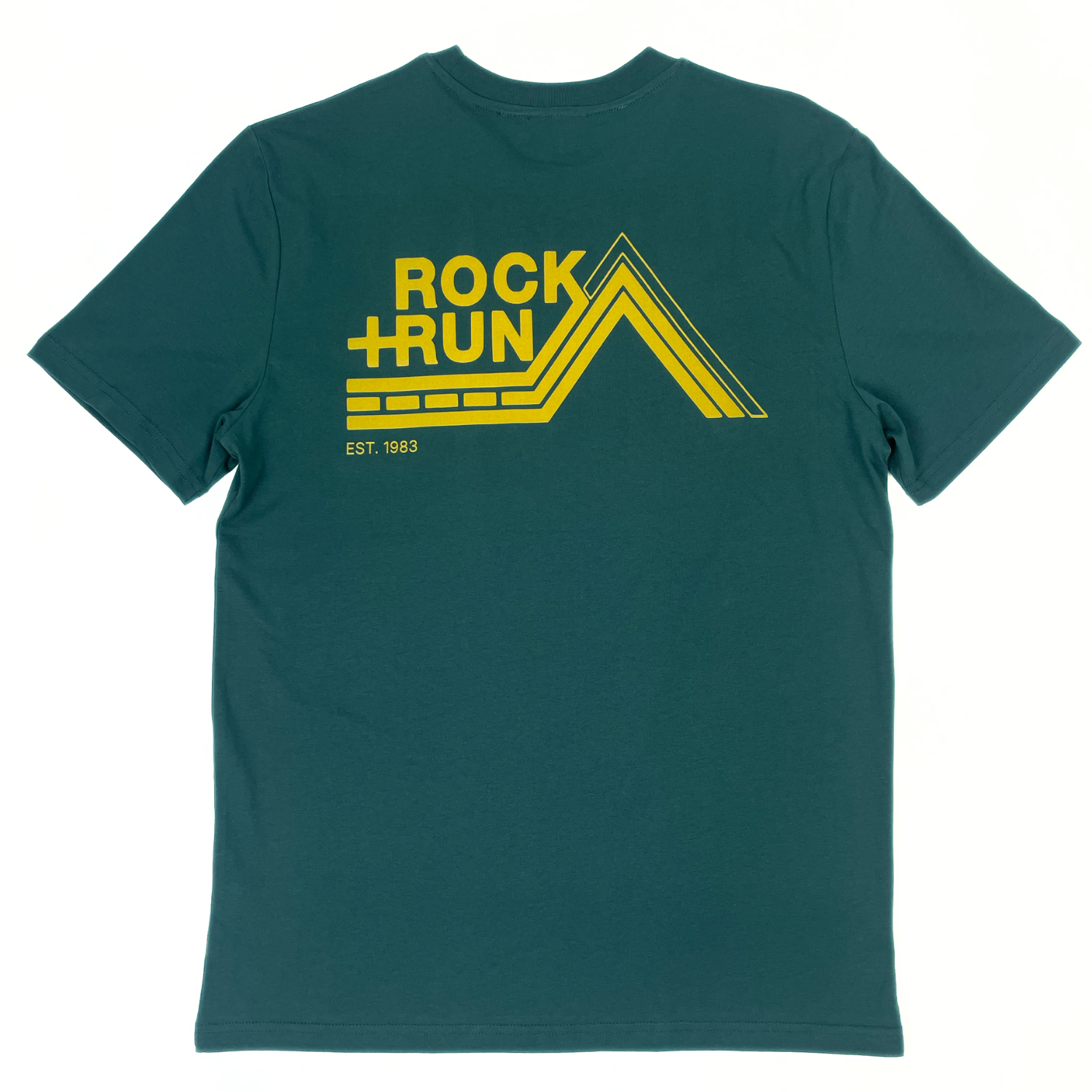 Green t-shirt with yellow 'Rock Run' logo on a white background