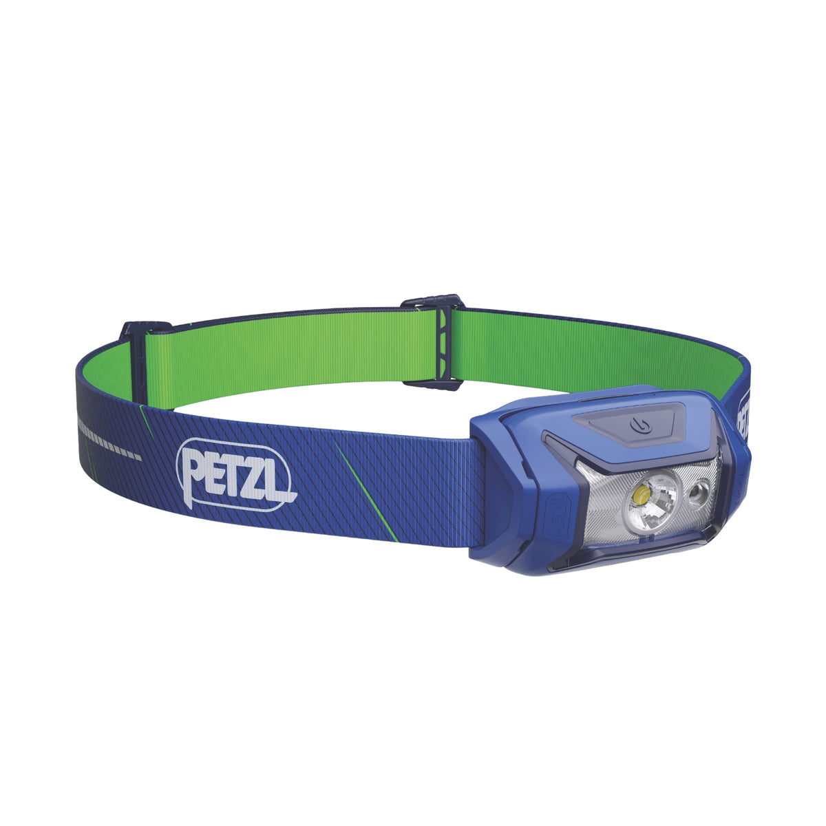 Blue and green headlamp with Petzl logo on a white background