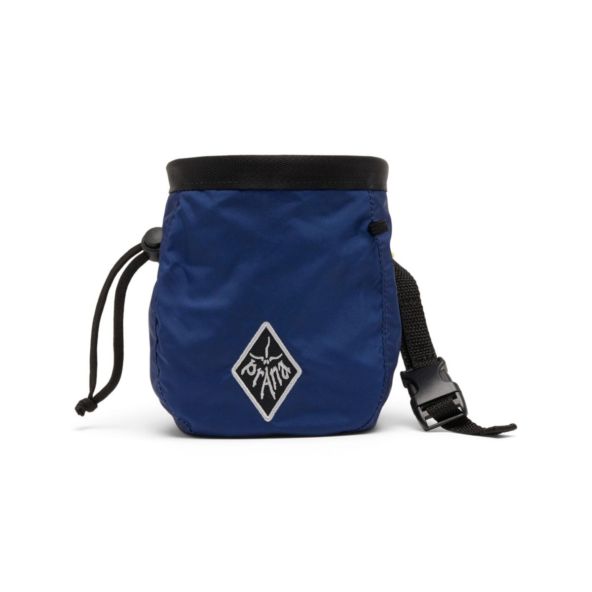 Blue chalk bag with black strap and logo on a white background