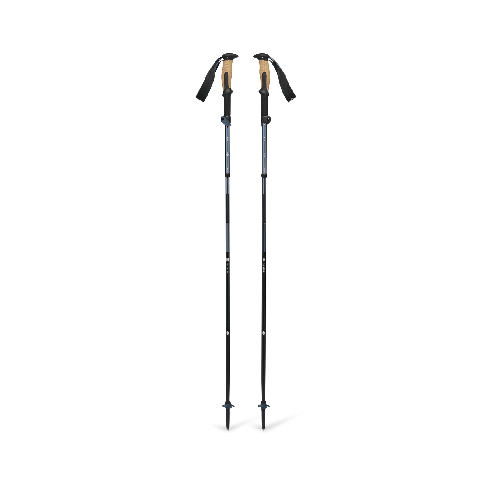 black and brown walking poles on a white background collapsed.