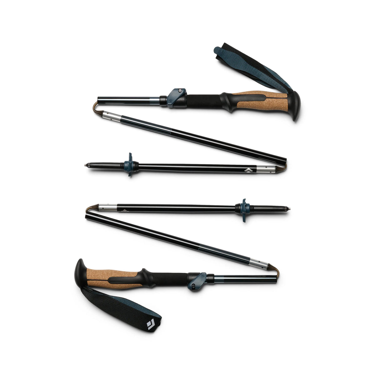 black and brown walking poles on a white background collapsed.