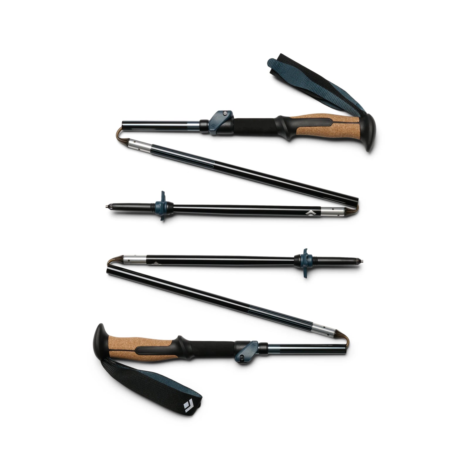 black and brown walking poles on a white background collapsed.