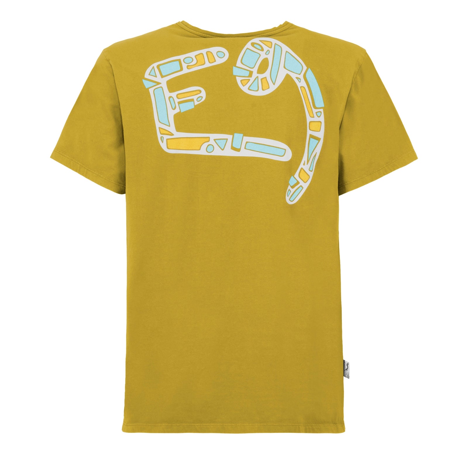 Yellow t-shirt with a small logo on a white background