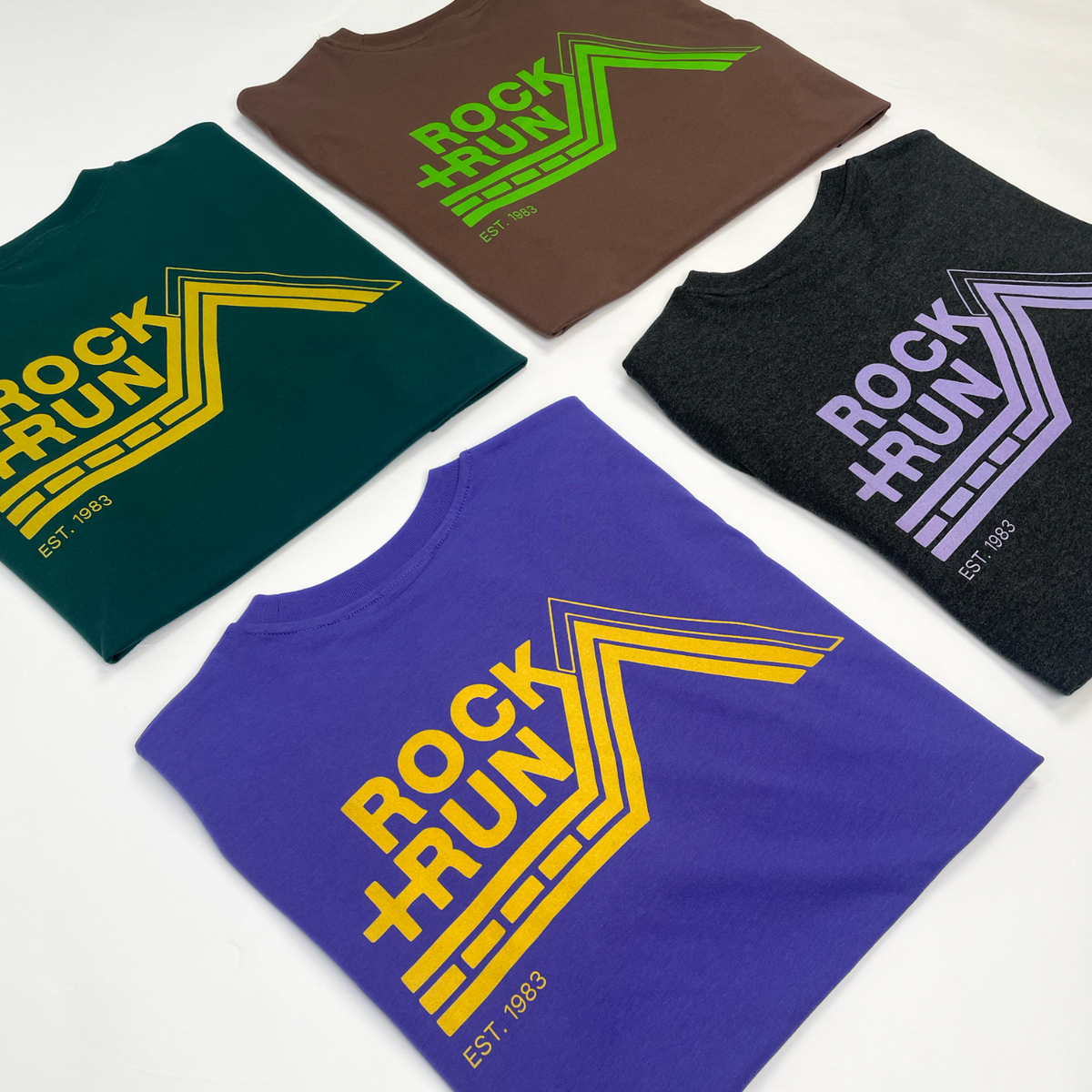 Five t-shirts with 'Rock Run' logo and text on a white background