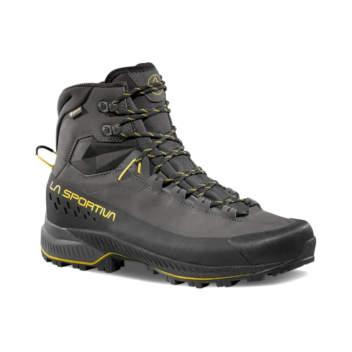 Gray hiking boot with yellow accents on a white background