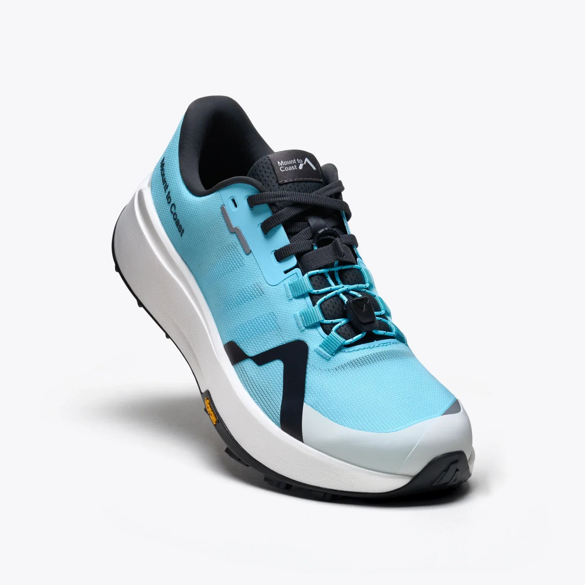 A light blue and black running shoe with a white midsole, shown at a three-quarter angle on a light gray background.