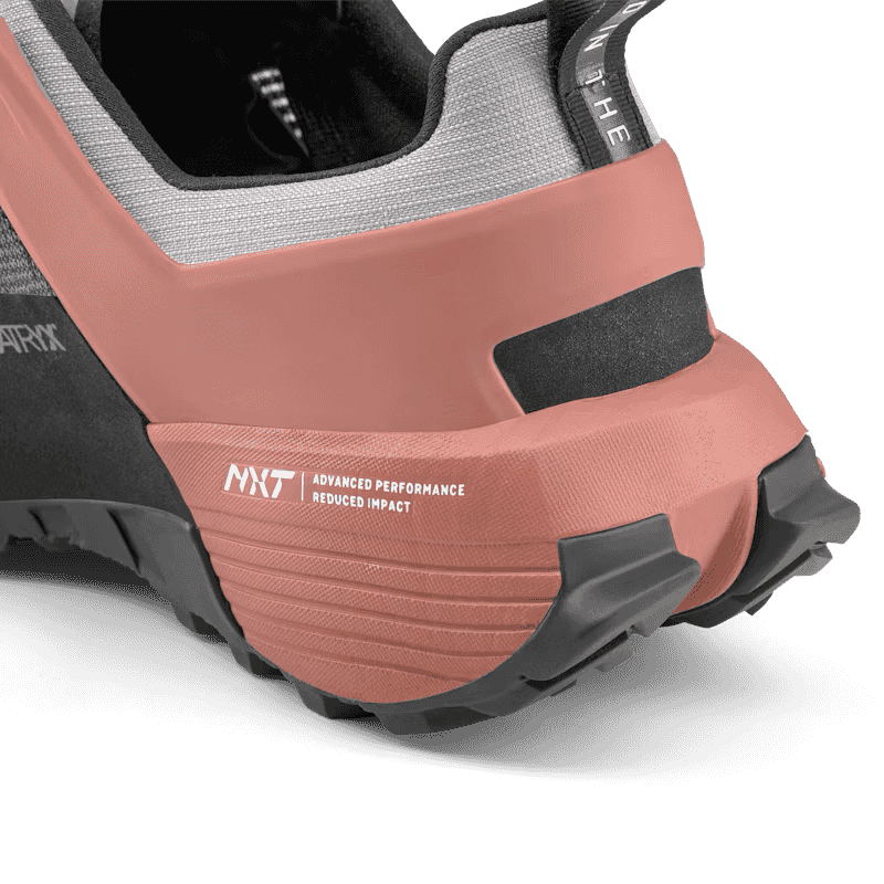 Close-up of a shoe sole with 'MXT' branding on a clear background