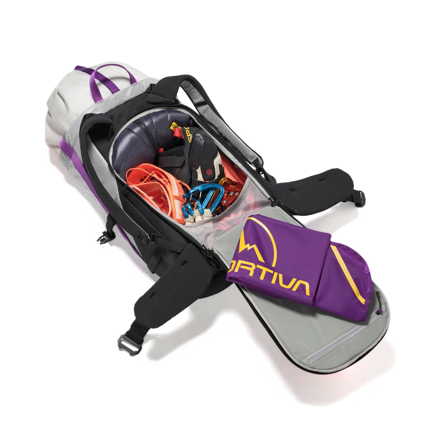 A light gray and black sports backpack with purple accents and the vertical text 'LA SPORTIVA' printed on the side, shown against a plain white background.