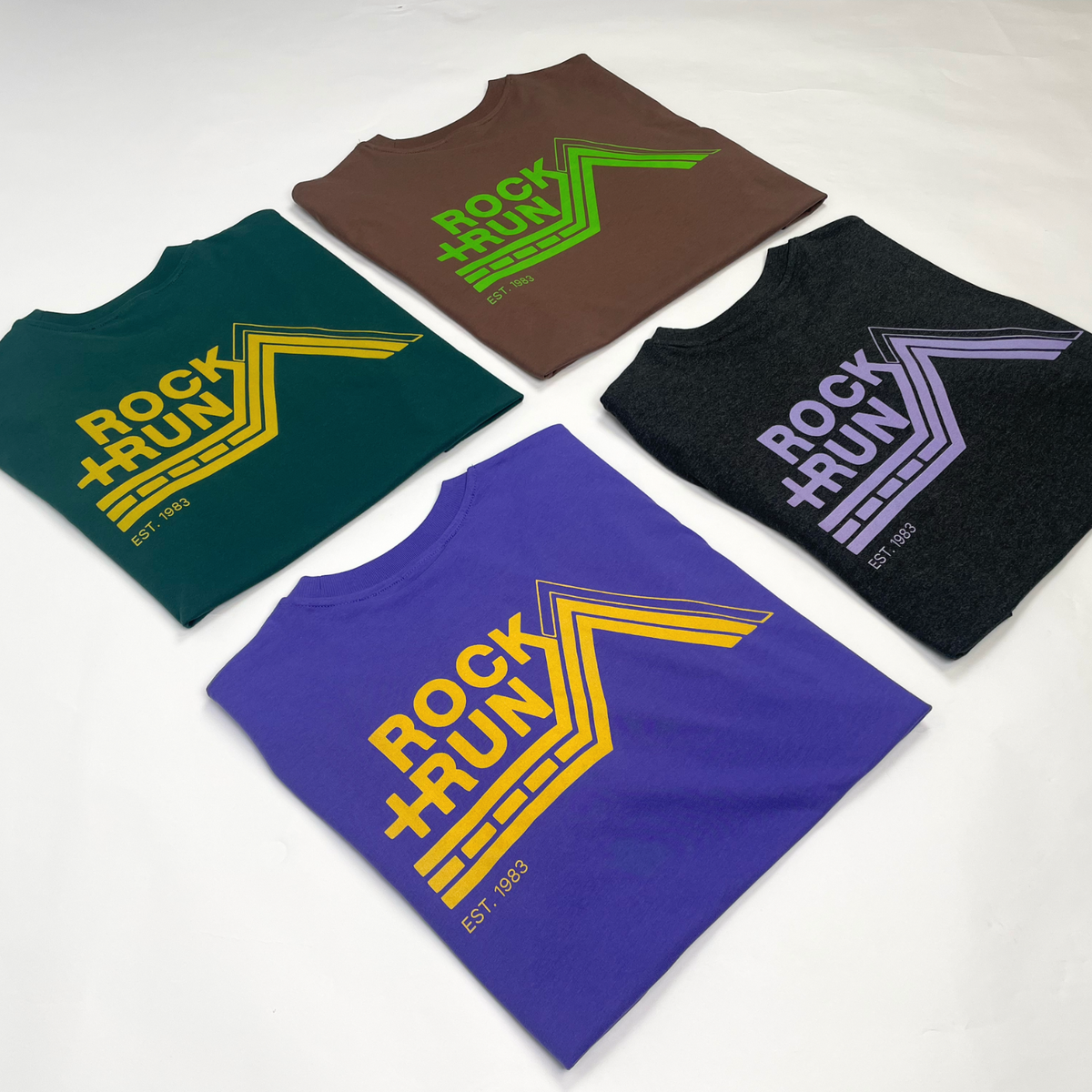 Four t-shirts with 'Rock Run' logo on a white background
