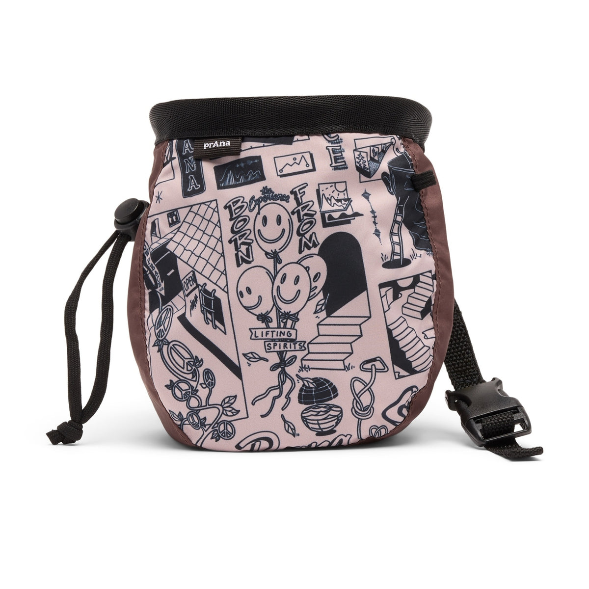 Chalk bag with black and white doodle design on a pink background