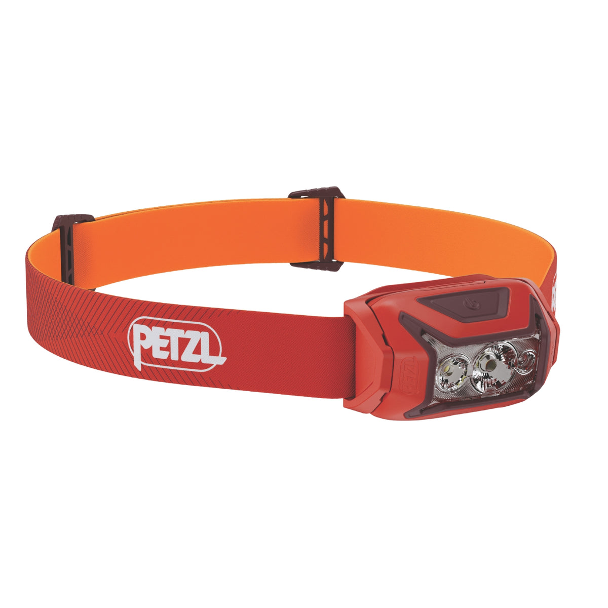 Red and orange headlamp with Petzl logo on a white background