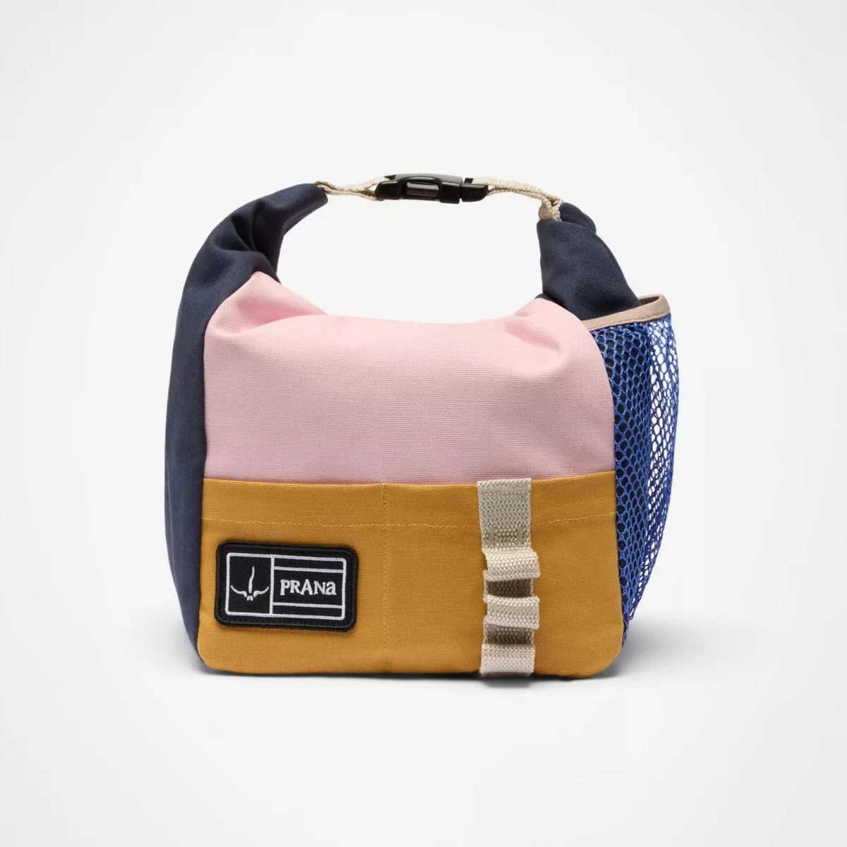 Multicolored bag with a visible brand label on a light gray background