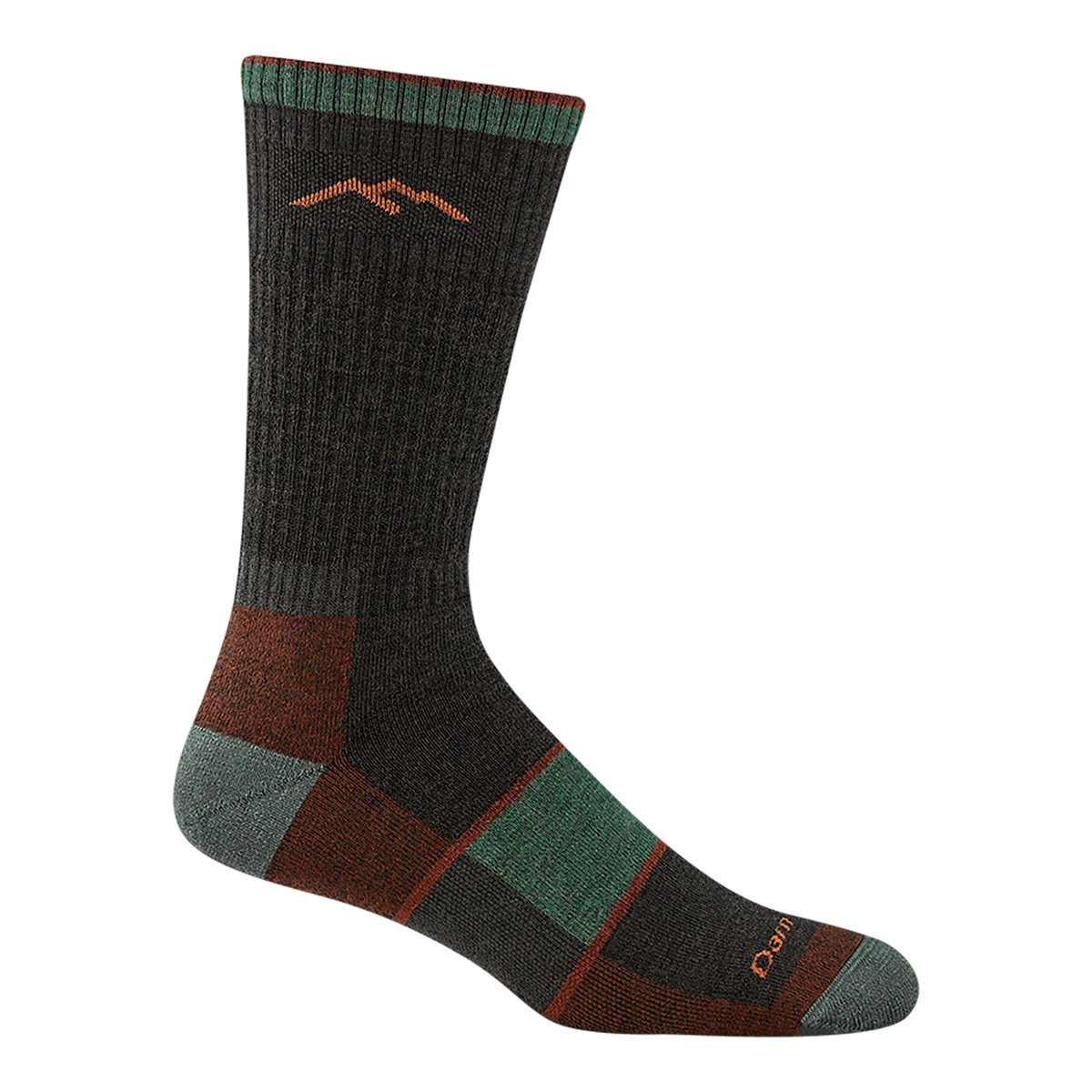 Multicolored sock with mountain design on a white background