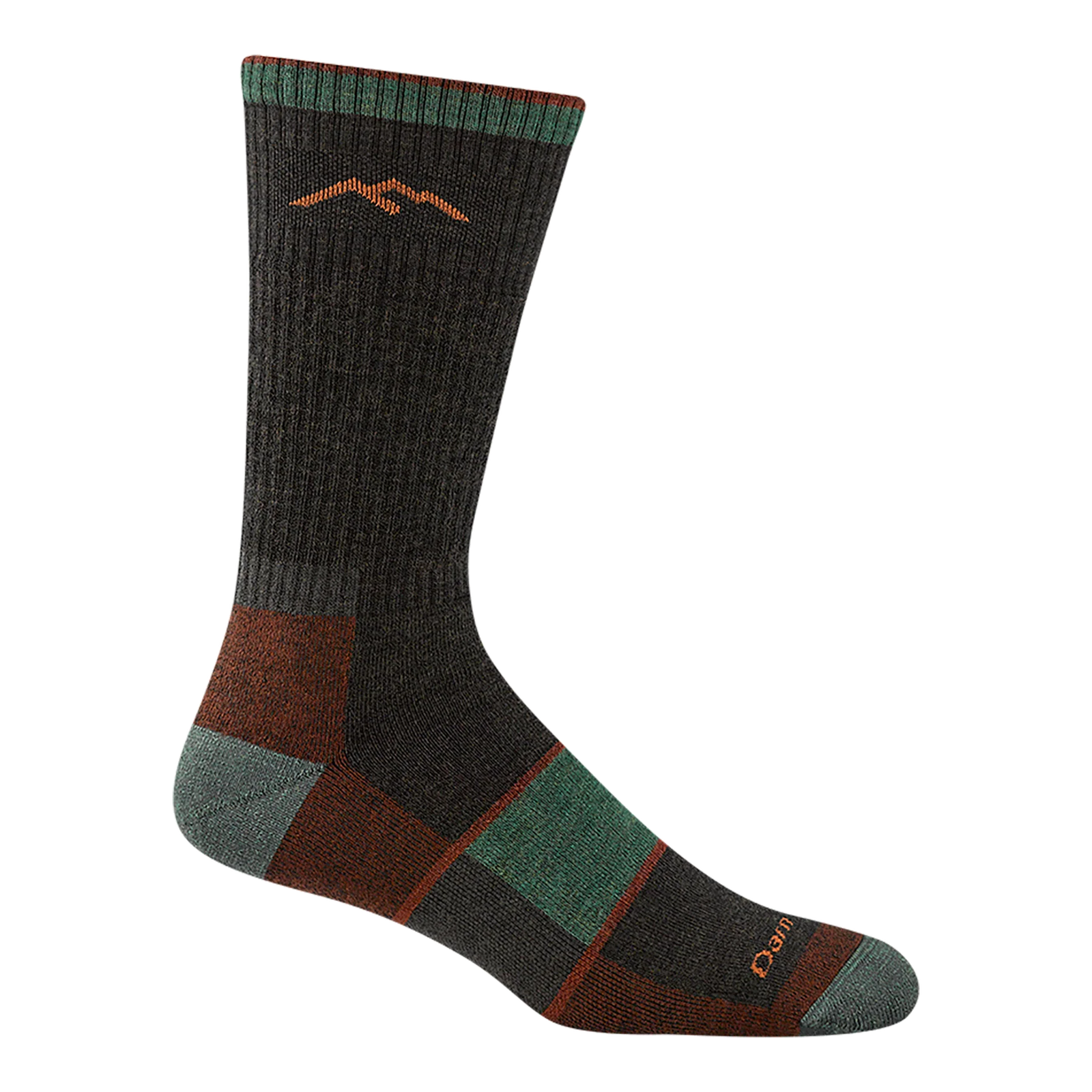 Multicolored sock with mountain design on a white background