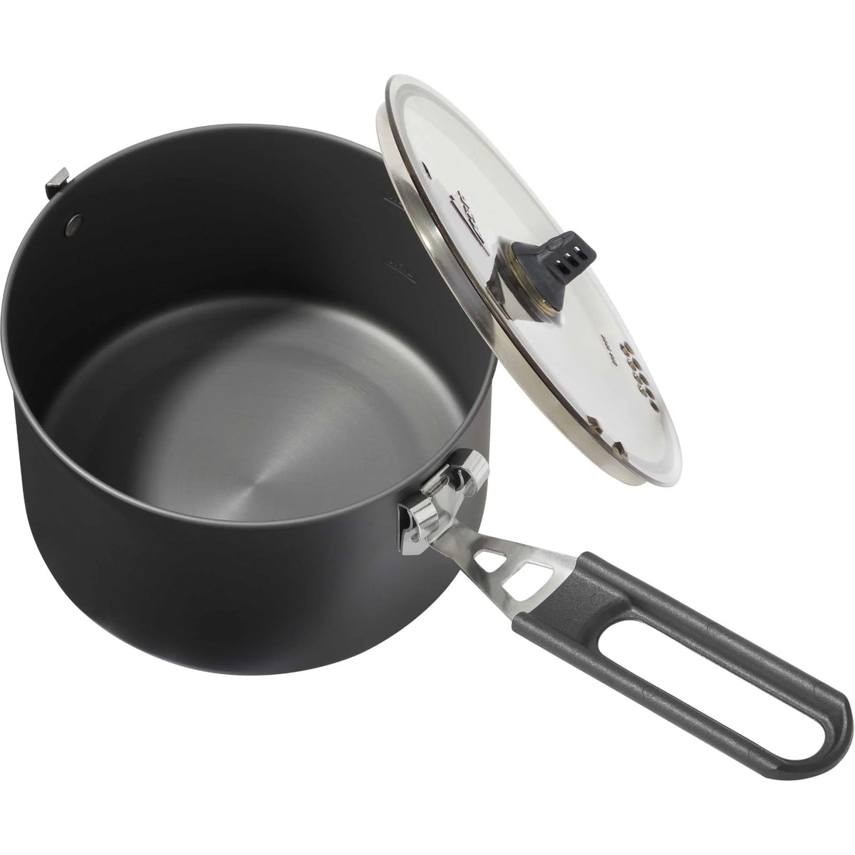 Black pot with a glass lid on a white background