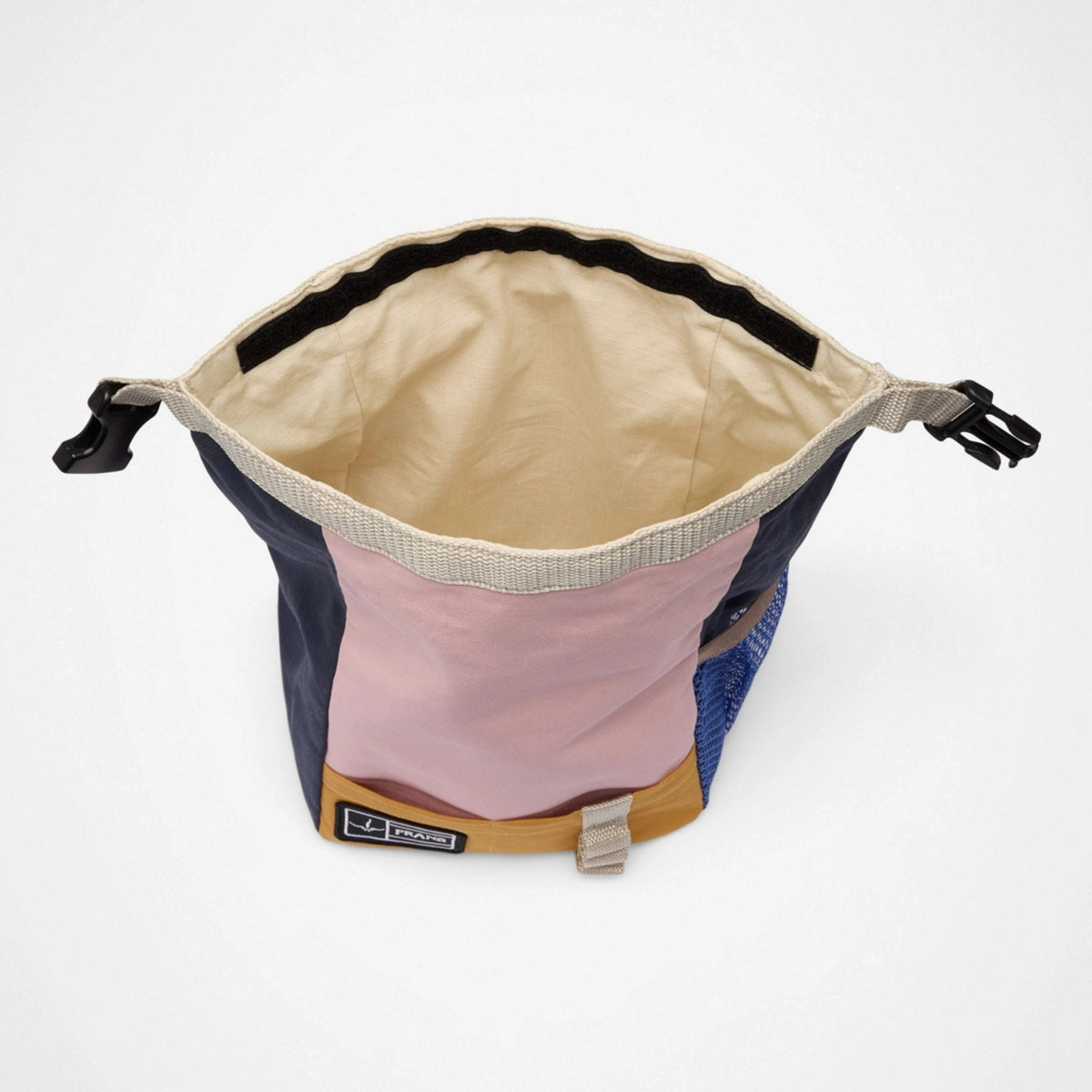 Multicolored bag with a pink interior on a white background