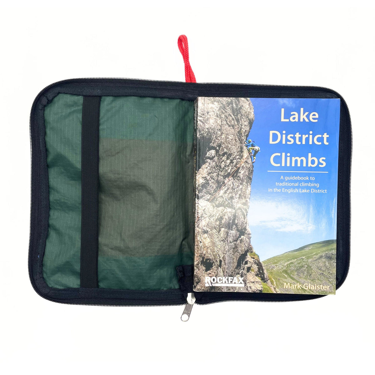 Green zippered pouch with a book titled 'Lake District Climbs' on a white background