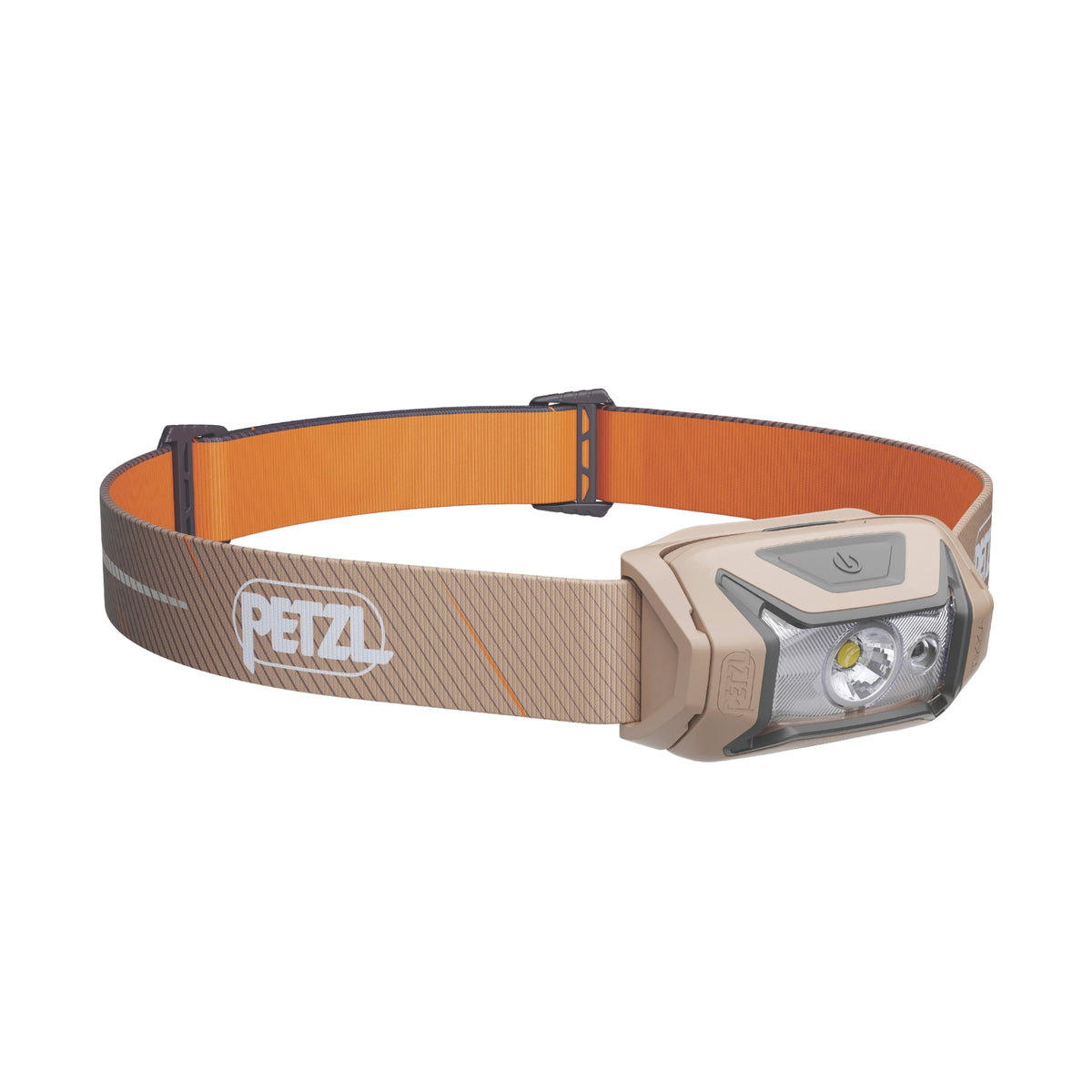 Headlamp with orange strap and visible Petzl logo on a white background