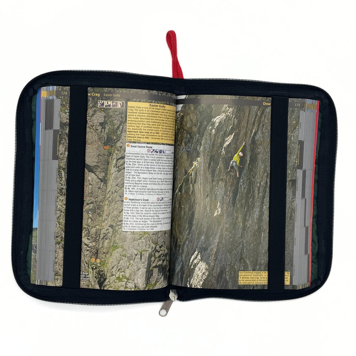 Open map case with maps and information on a white background