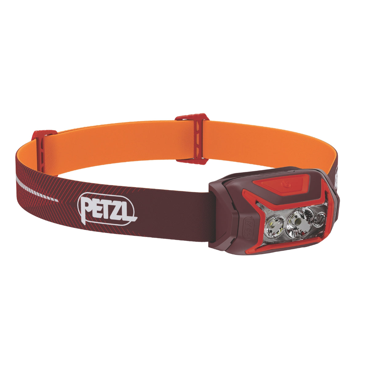 Red and orange headlamp with Petzl logo on a white background
