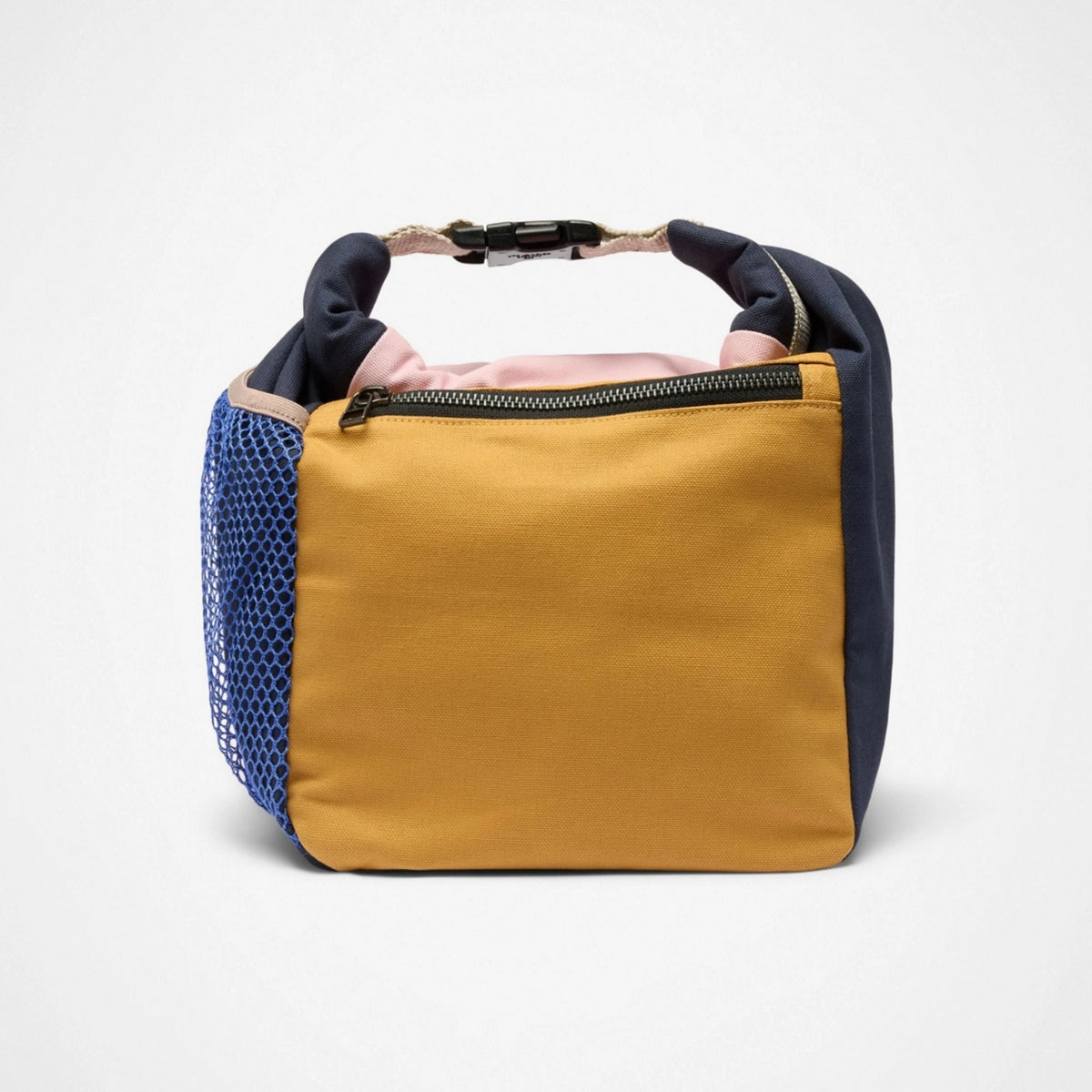 Multicolored bag with yellow front panel and blue mesh side on a white background