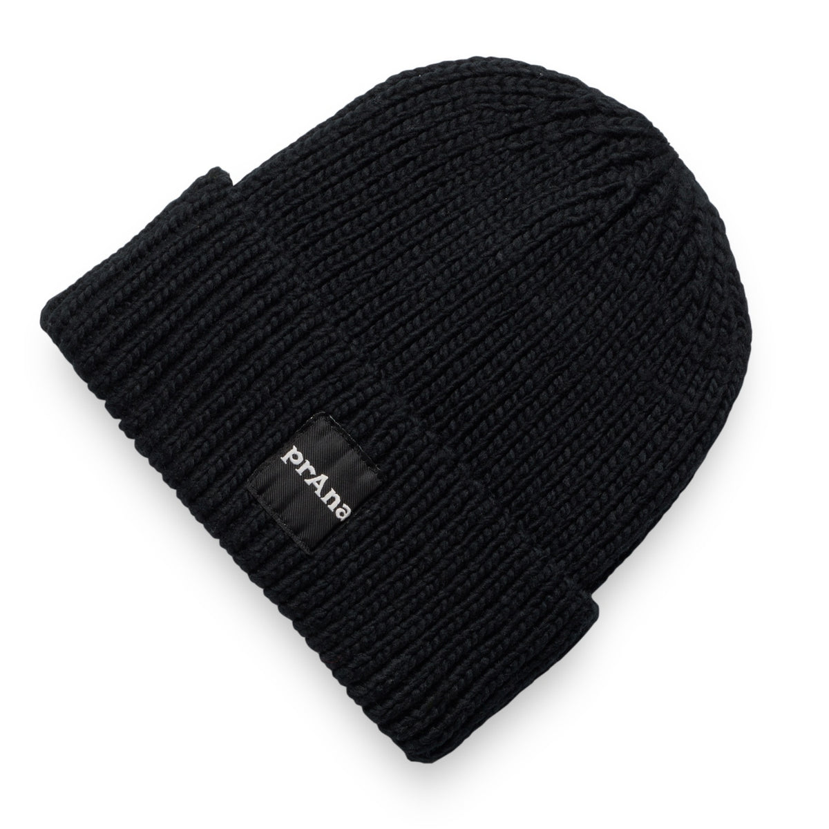 Black knit beanie with a brand logo on a white background