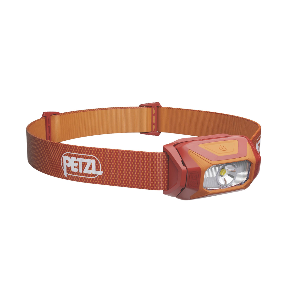Red headlamp with orange strap on a white background