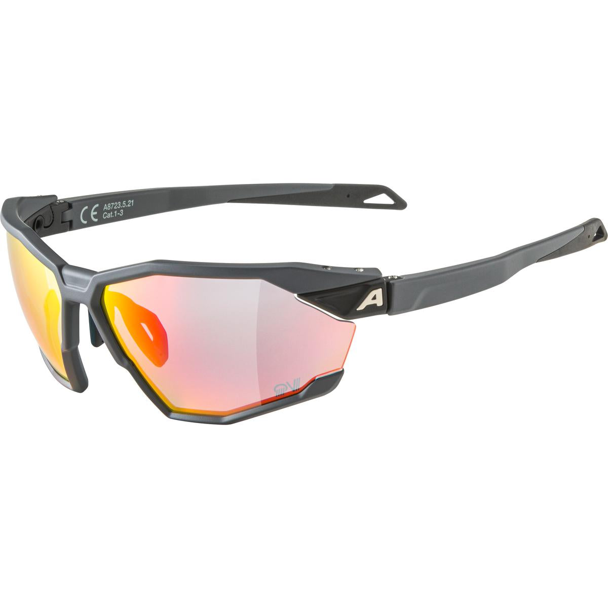 Sunglasses with reflective lenses and black frame on a white background
