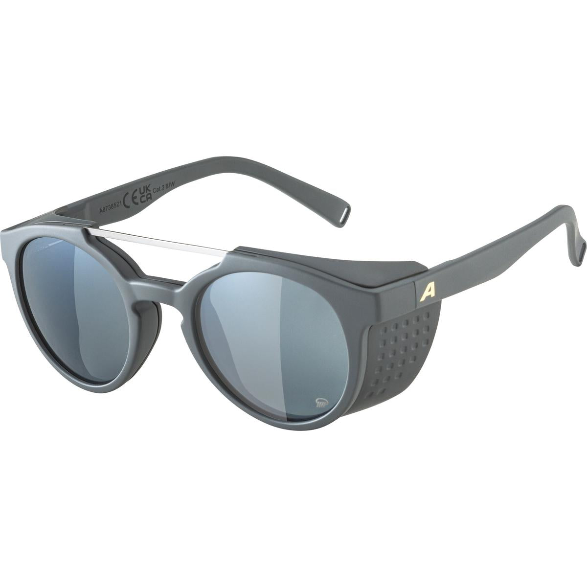 Gray sunglasses with a brand logo on a white background
