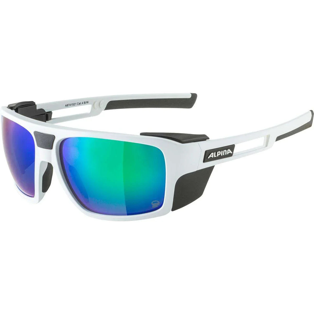Sunglasses with white frame and blue-tinted lenses on a white background