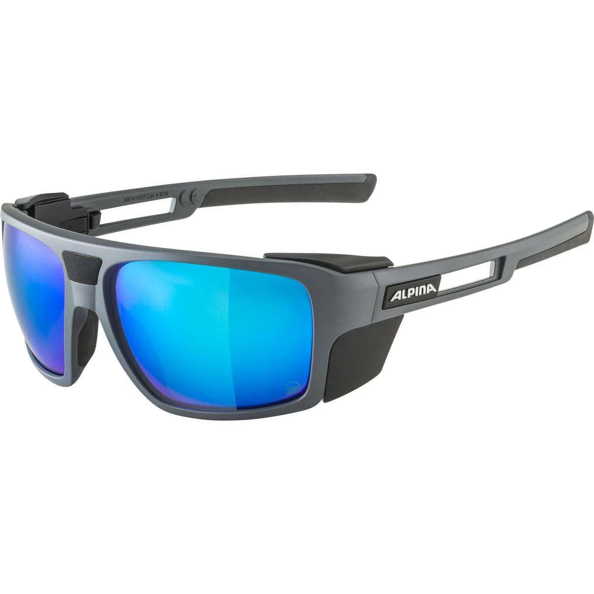 Sunglasses with blue reflective lenses and gray frame on a white background