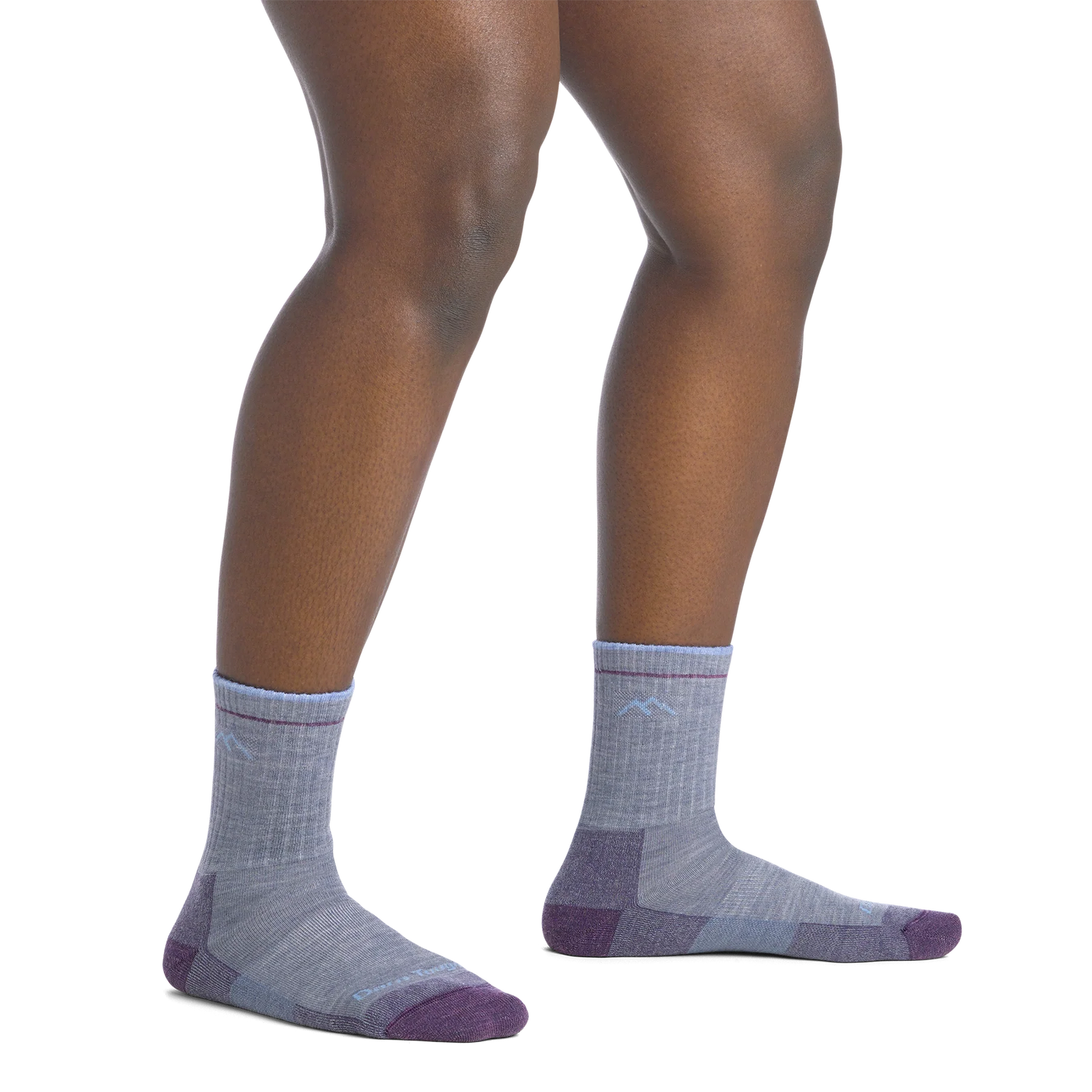 Gray and purple sock with brand logo on a white background