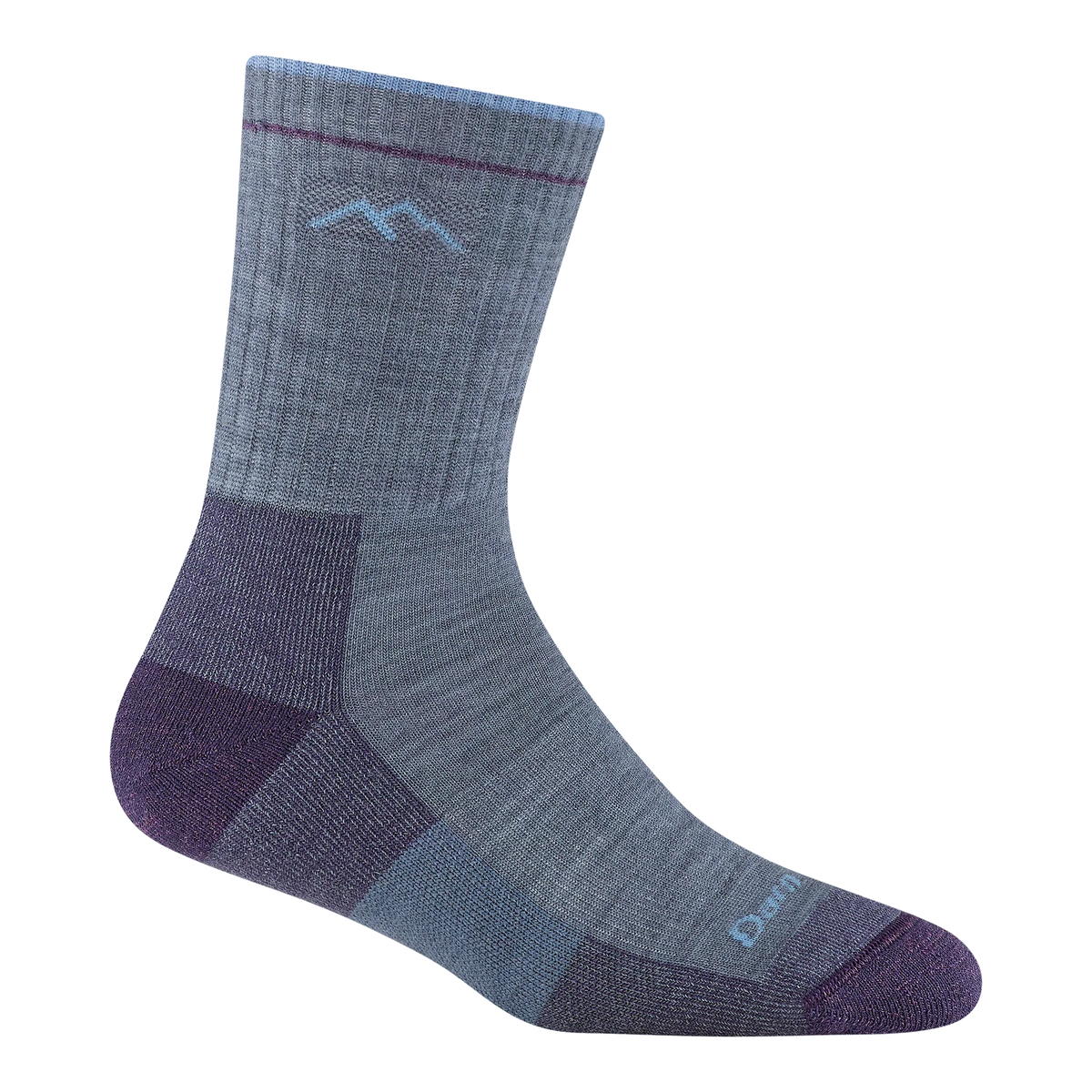 Gray and purple sock with brand logo on a white background