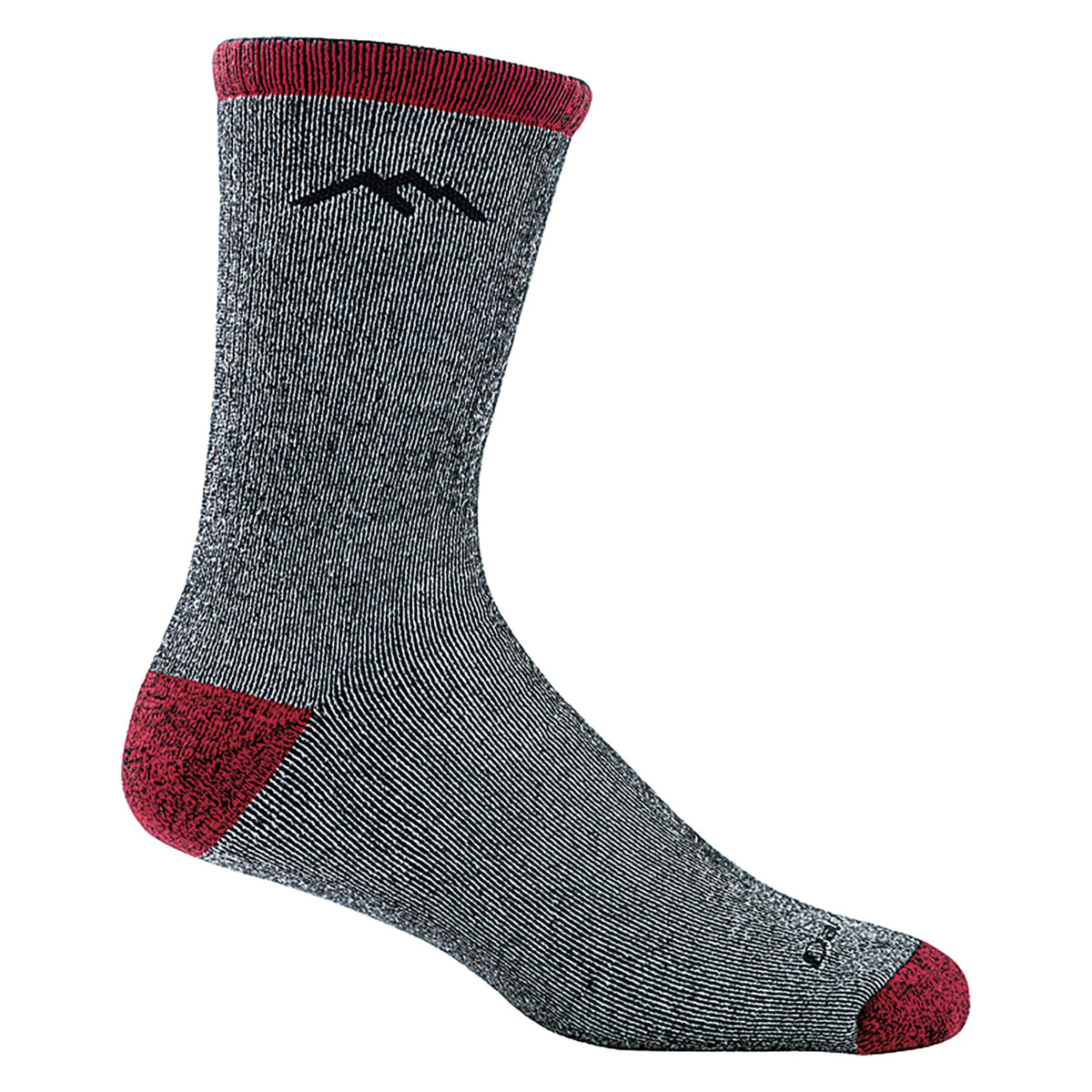 Gray sock with red accents and a mountain logo on a white background