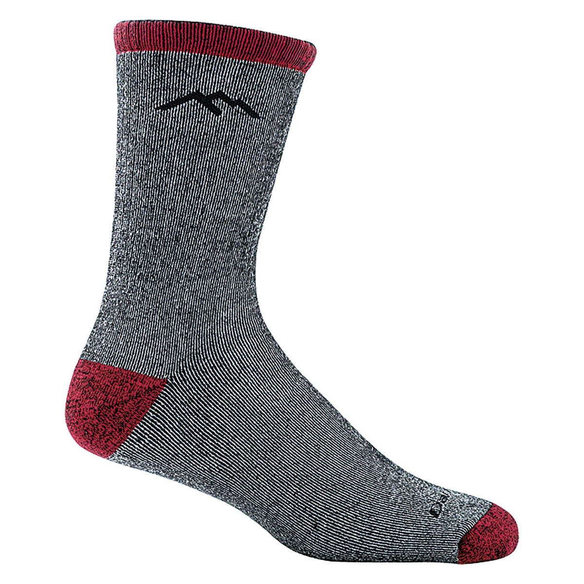 Gray sock with red accents and a mountain logo on a white background