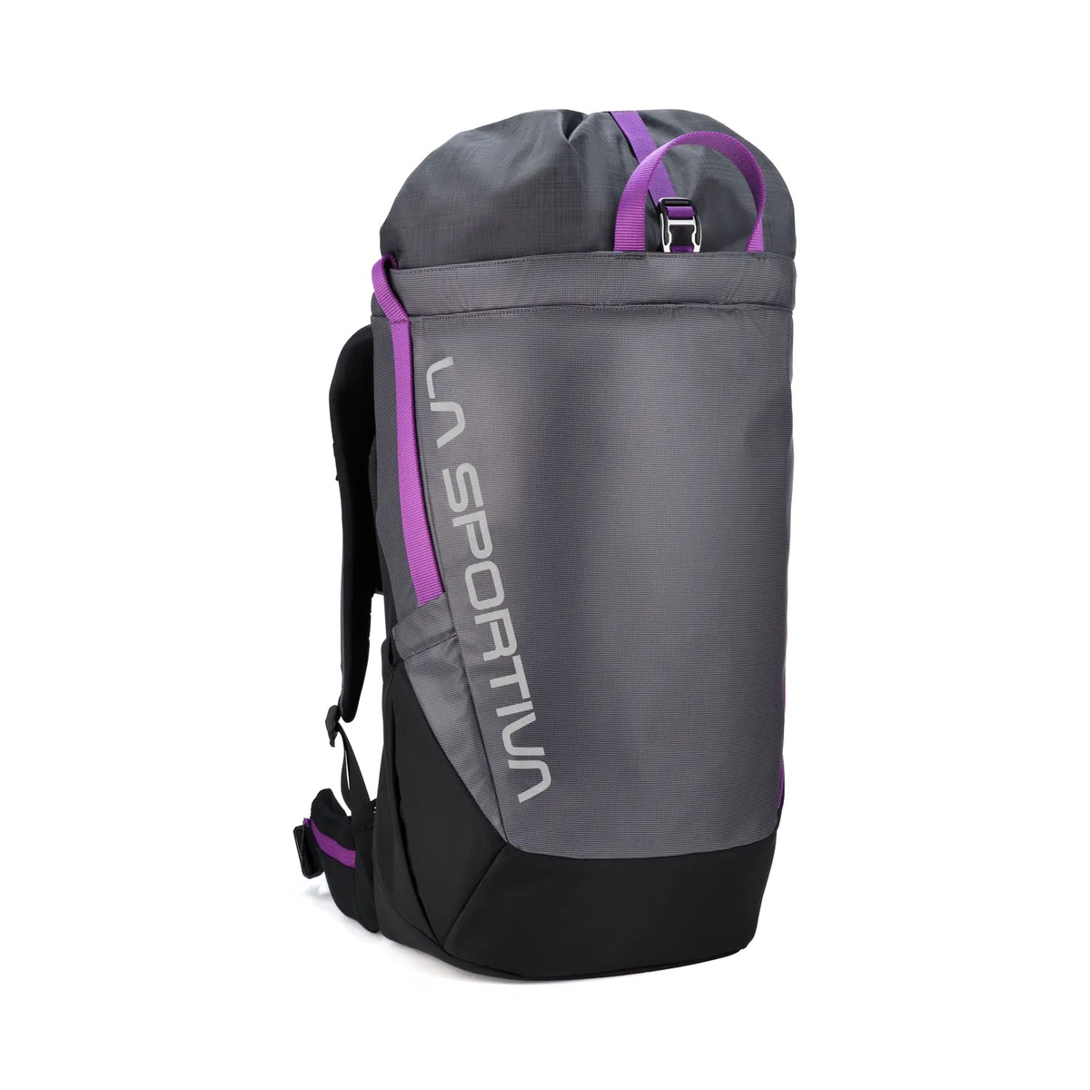 A gray and black sports backpack with purple accents and white vertical 'LA SPORTIVA' branding, shown on a plain white background.