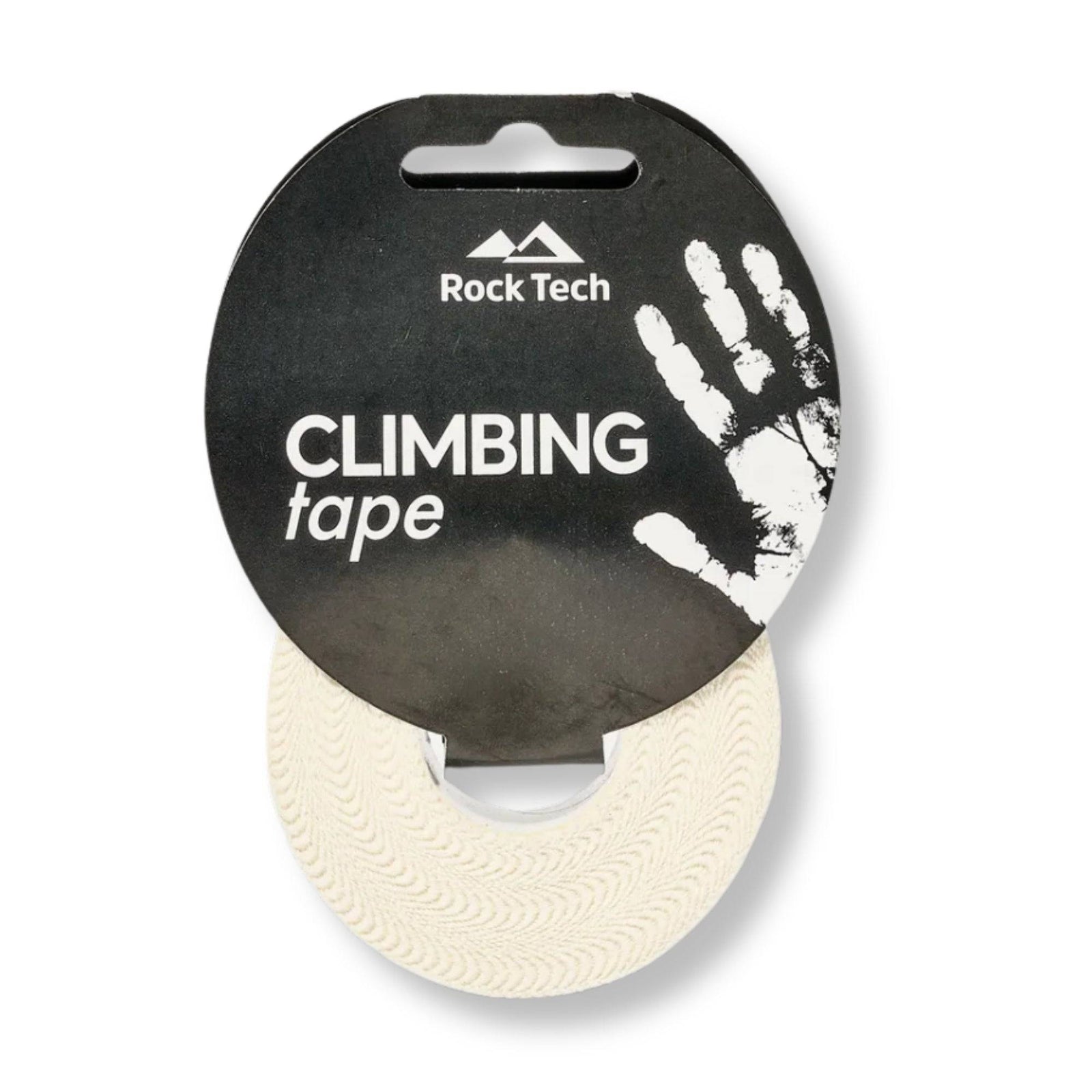 Rock Tech climbing tape packaging with white climbing tape on a black background