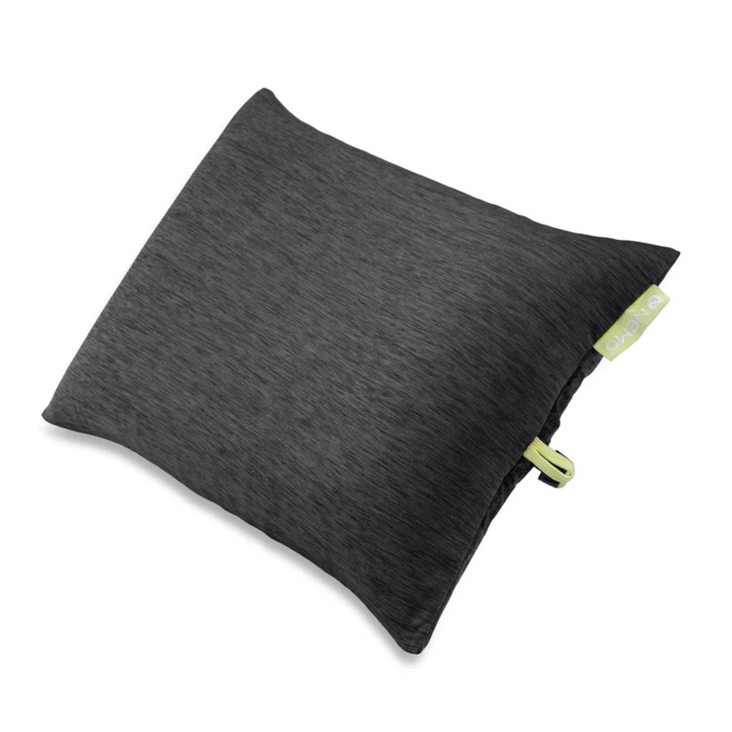 Dark gray pillow with yellow accents on a white background