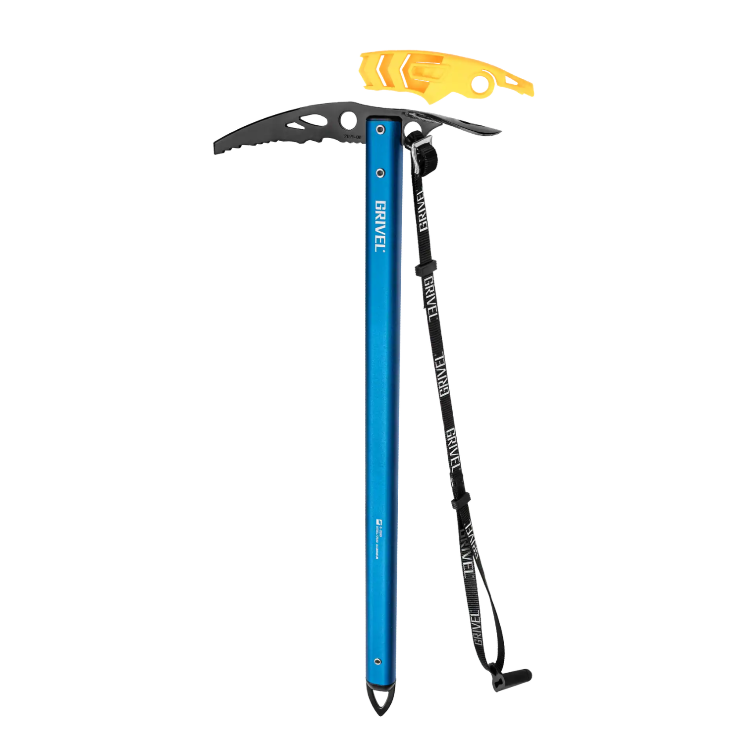 A blue and yellow ice axe with a black wrist strap, shown on a plain white background.