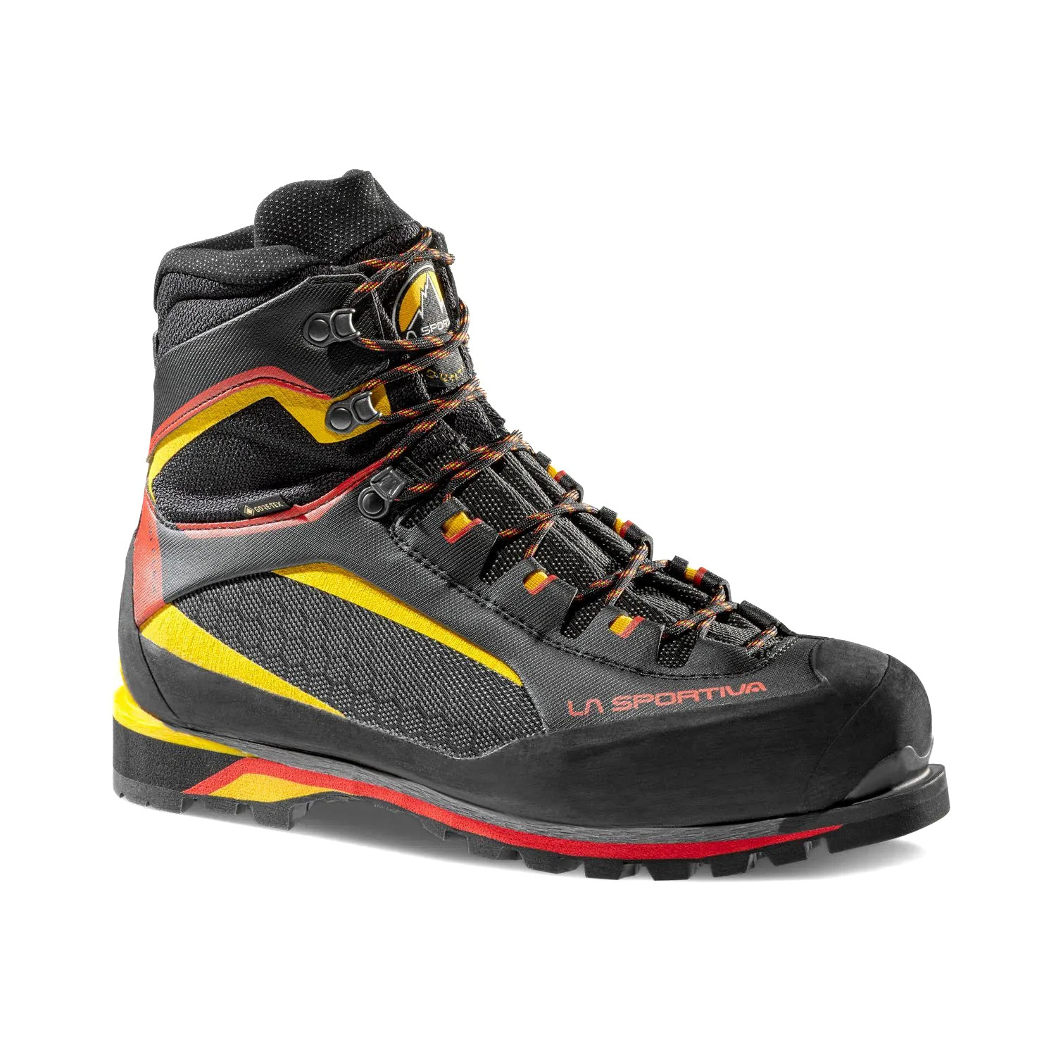 A single high-top La Sportiva mountaineering boot in black, featuring vibrant yellow and red accents on the side panels, heel, and laces, set against a plain white background.