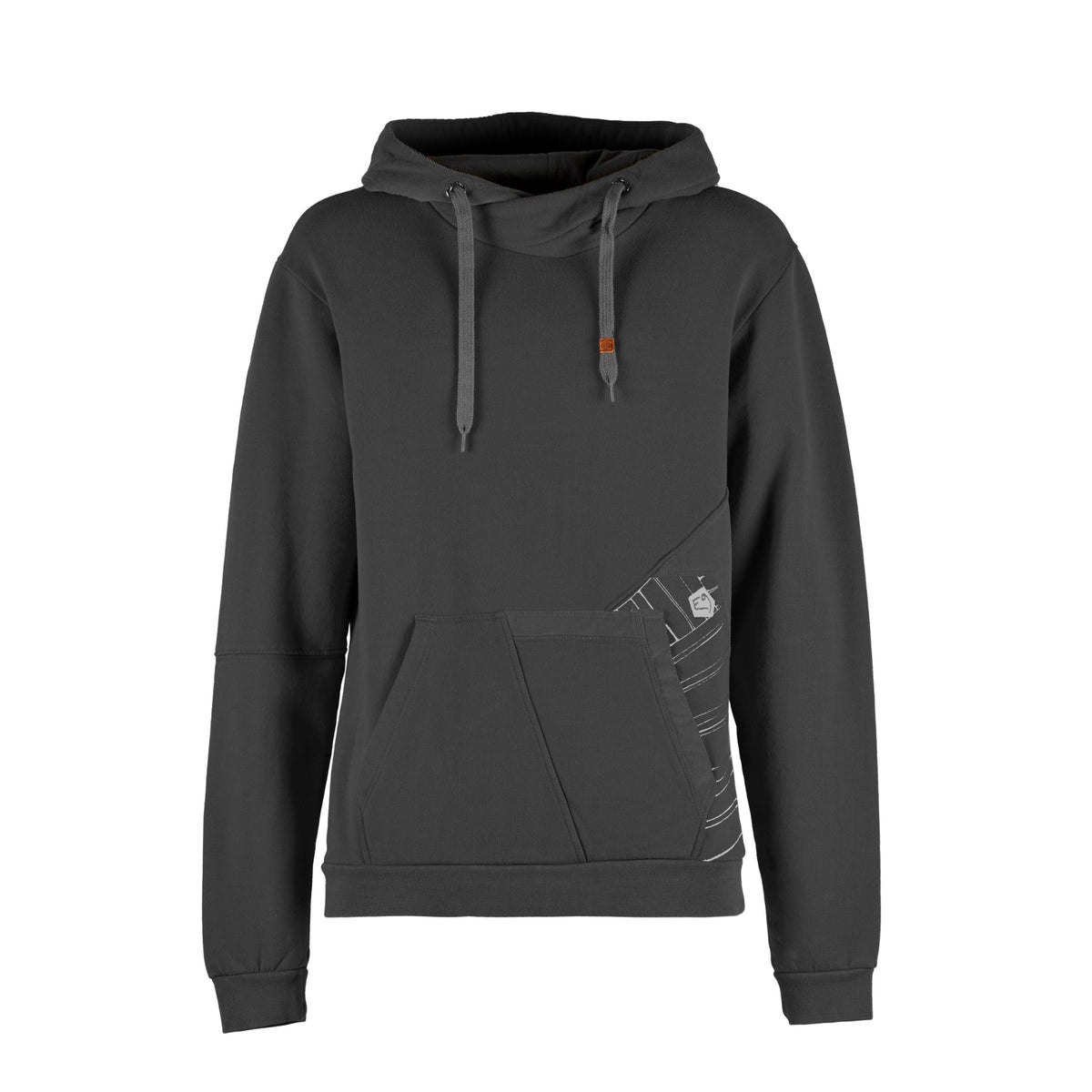 Black hoodie with a small design on the sleeve against a white background