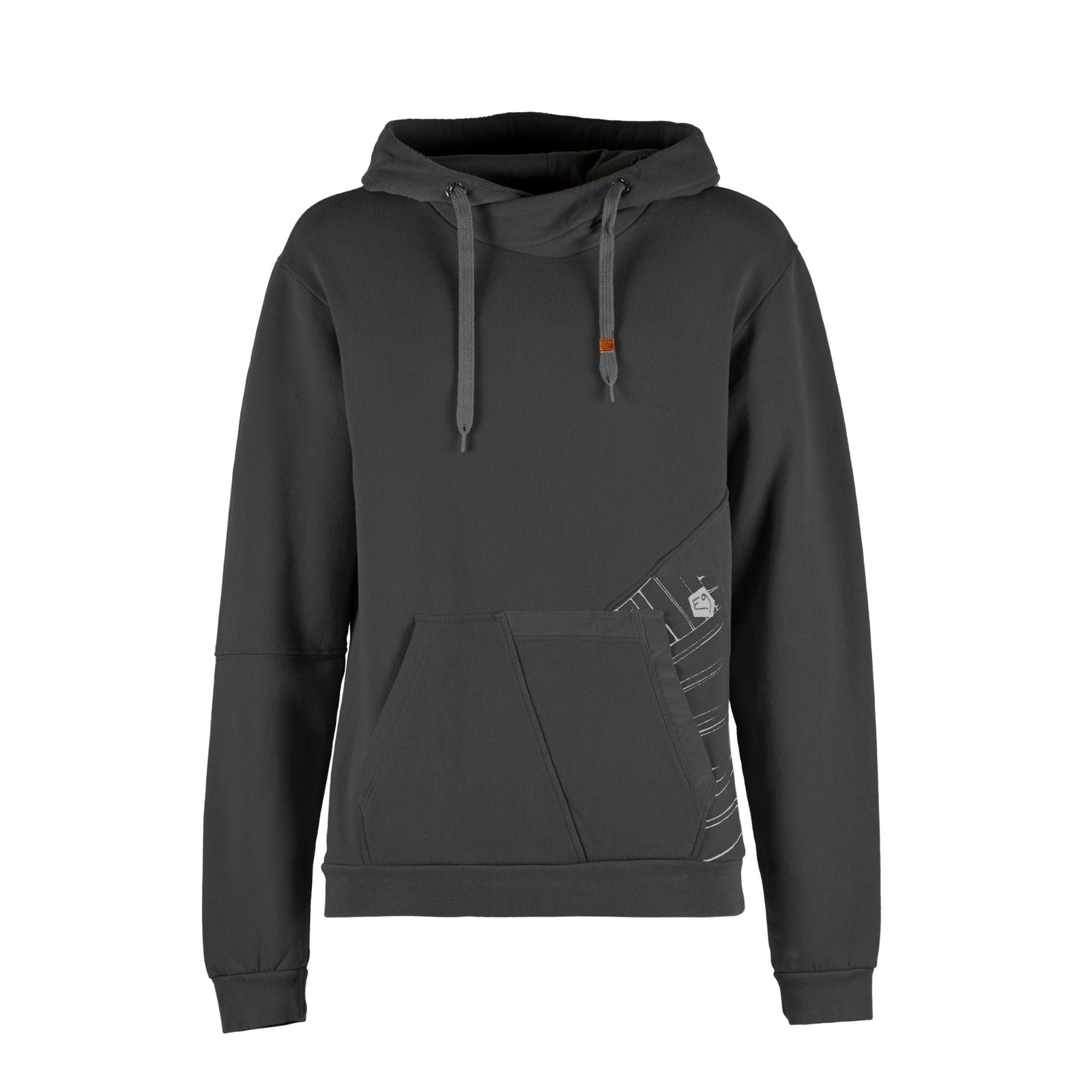 Black hoodie with a small design on the sleeve against a white background