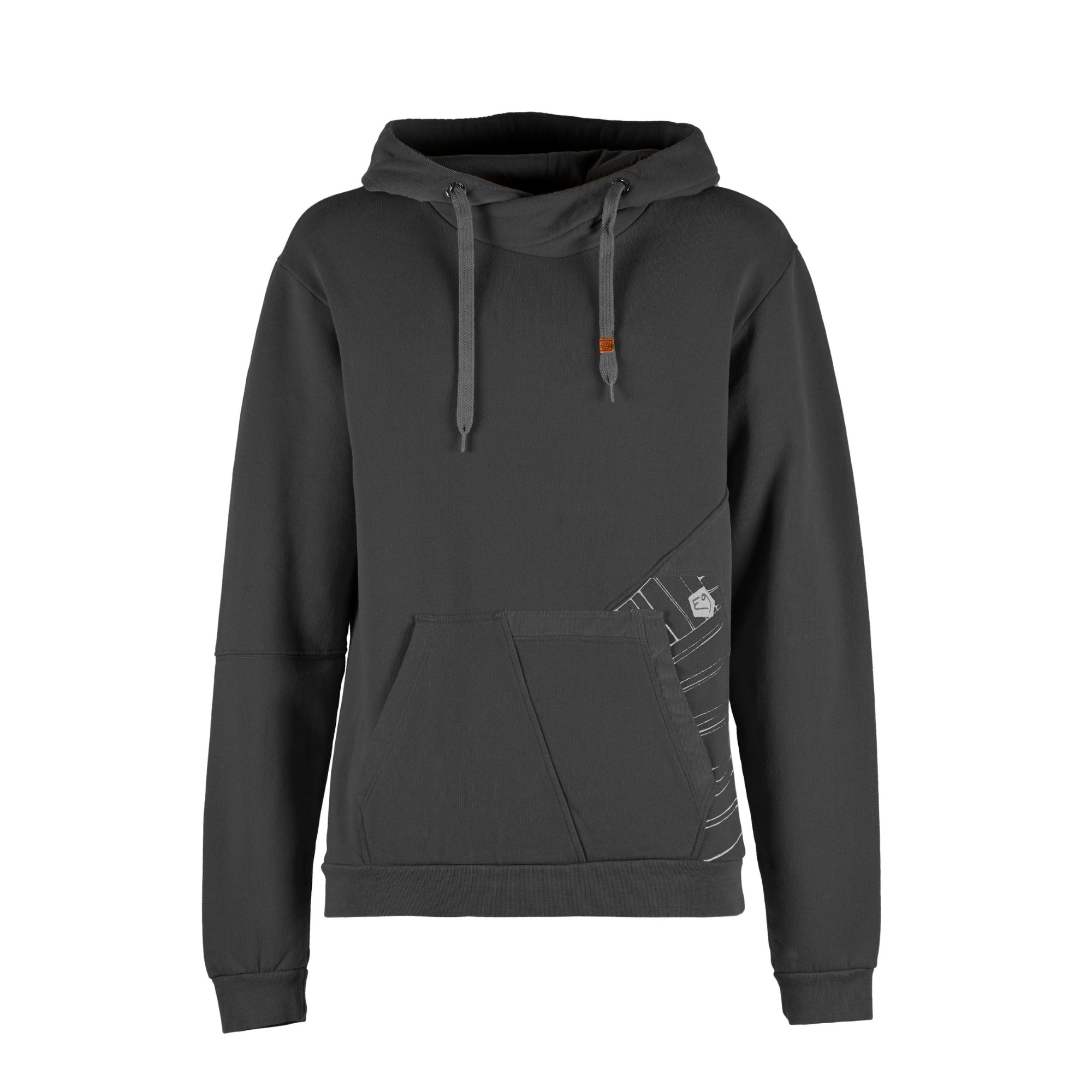 Black hoodie with a small design on the sleeve against a white background