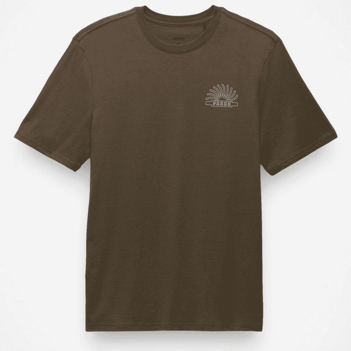 Front view of Prana Lands Beginning T-Shirt in brown with small sunburst graphic on chest, made from 100% organic cotton.