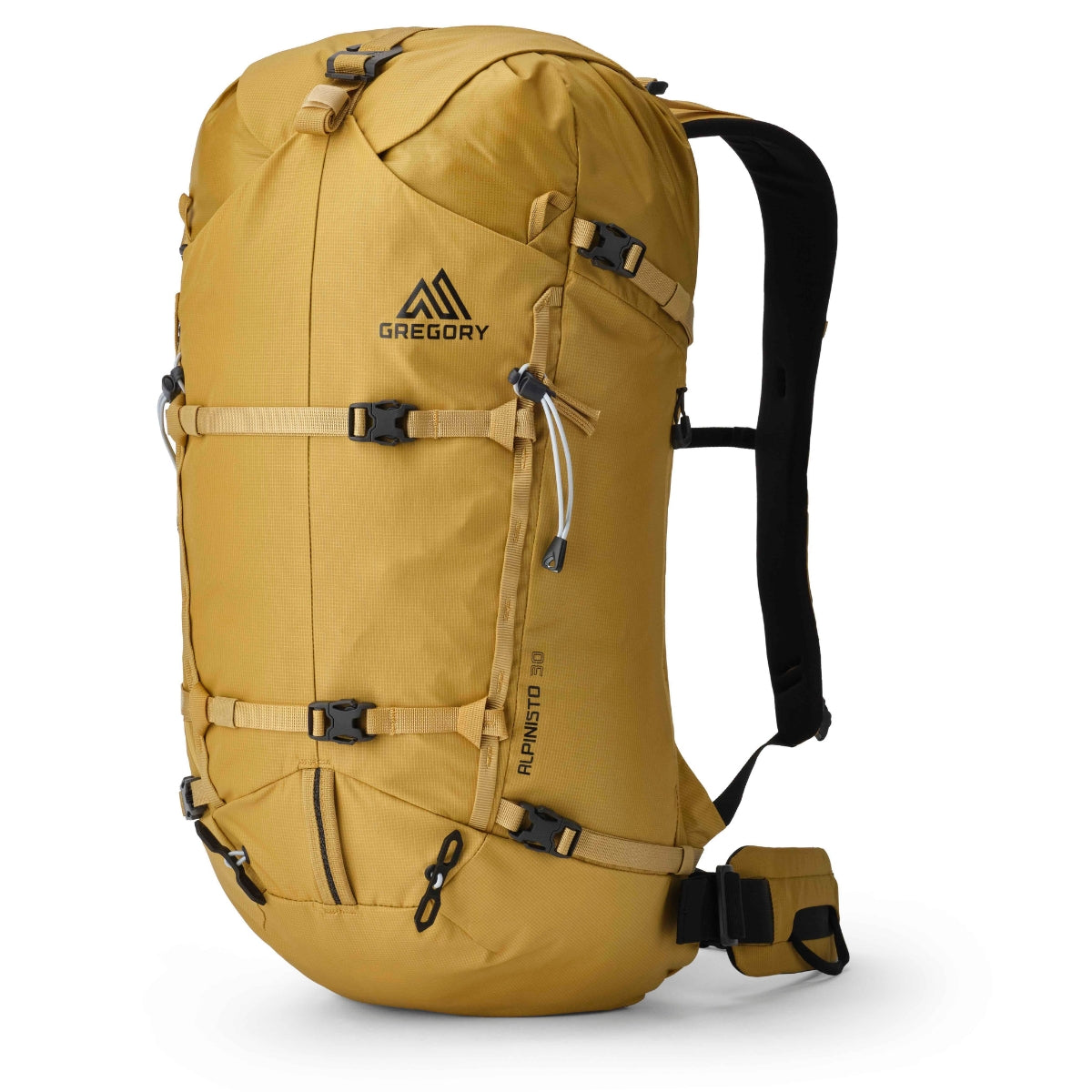 Yellow backpack with black straps on a white background