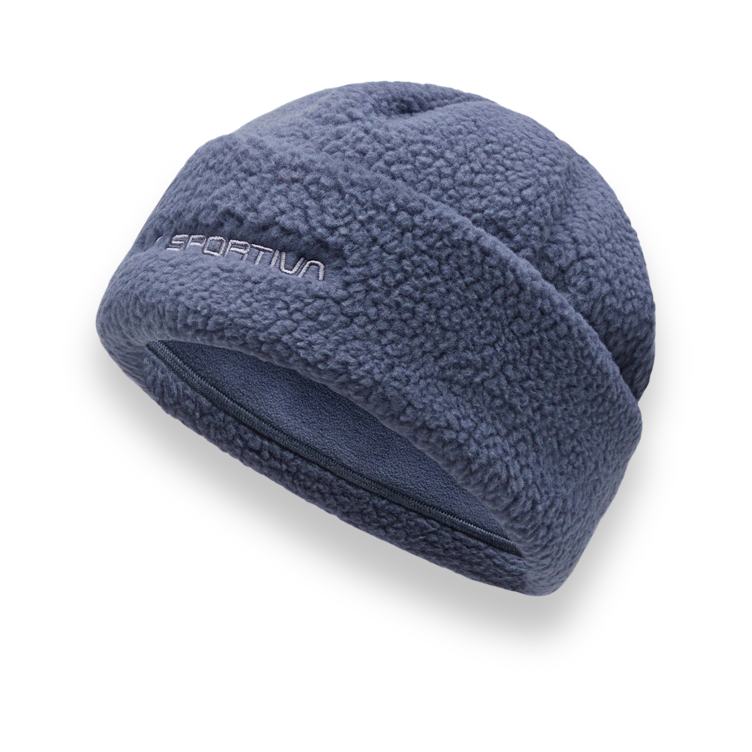 A navy blue fleece beanie hat with the brand name 'La Sportiva' embroidered in light grey on the front, shown on a clean white background.