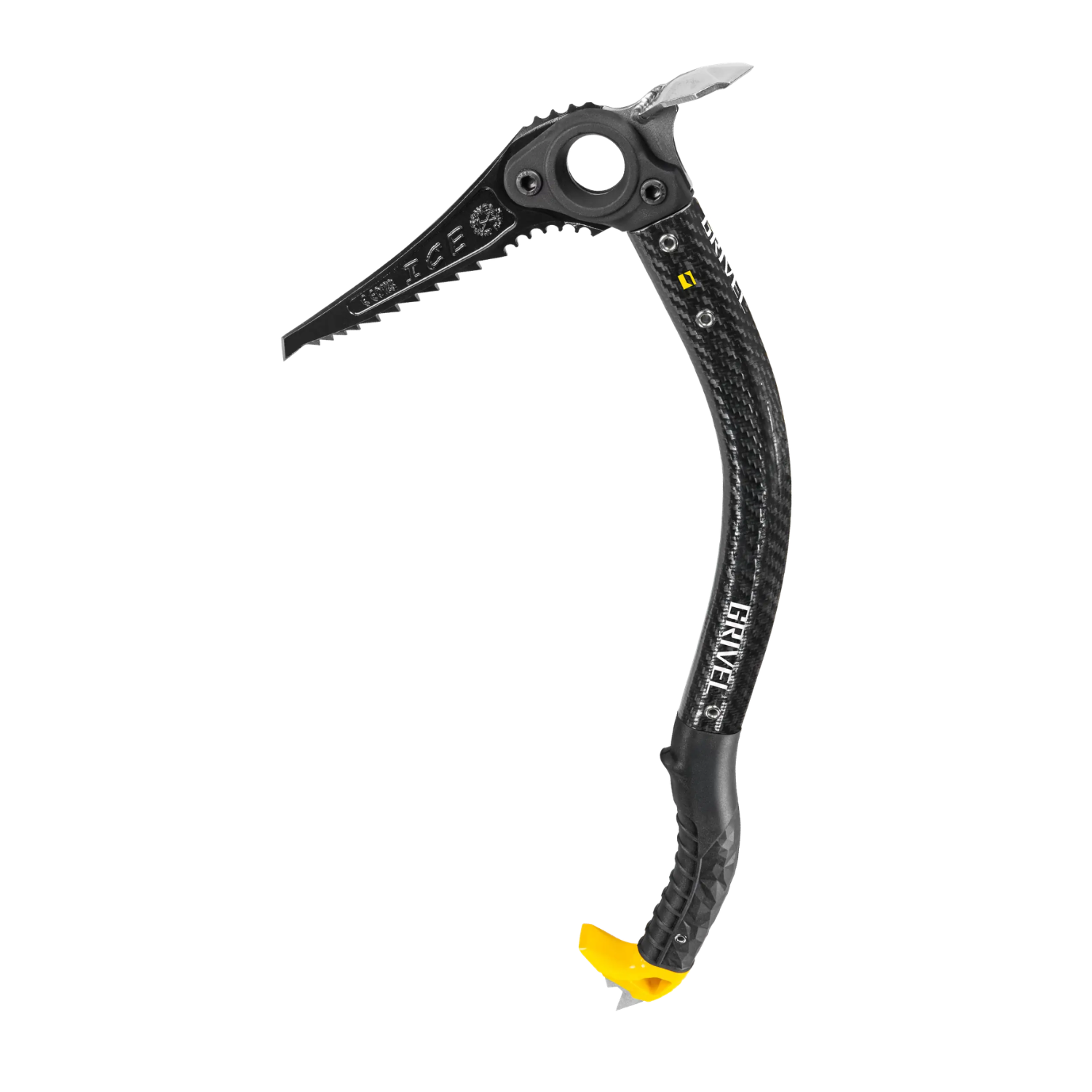 A black carbon fiber ice axe with a textured handle, white 'Brixton' branding, a yellow bottom tip, and a silver metal top spike, shown on a solid white background.