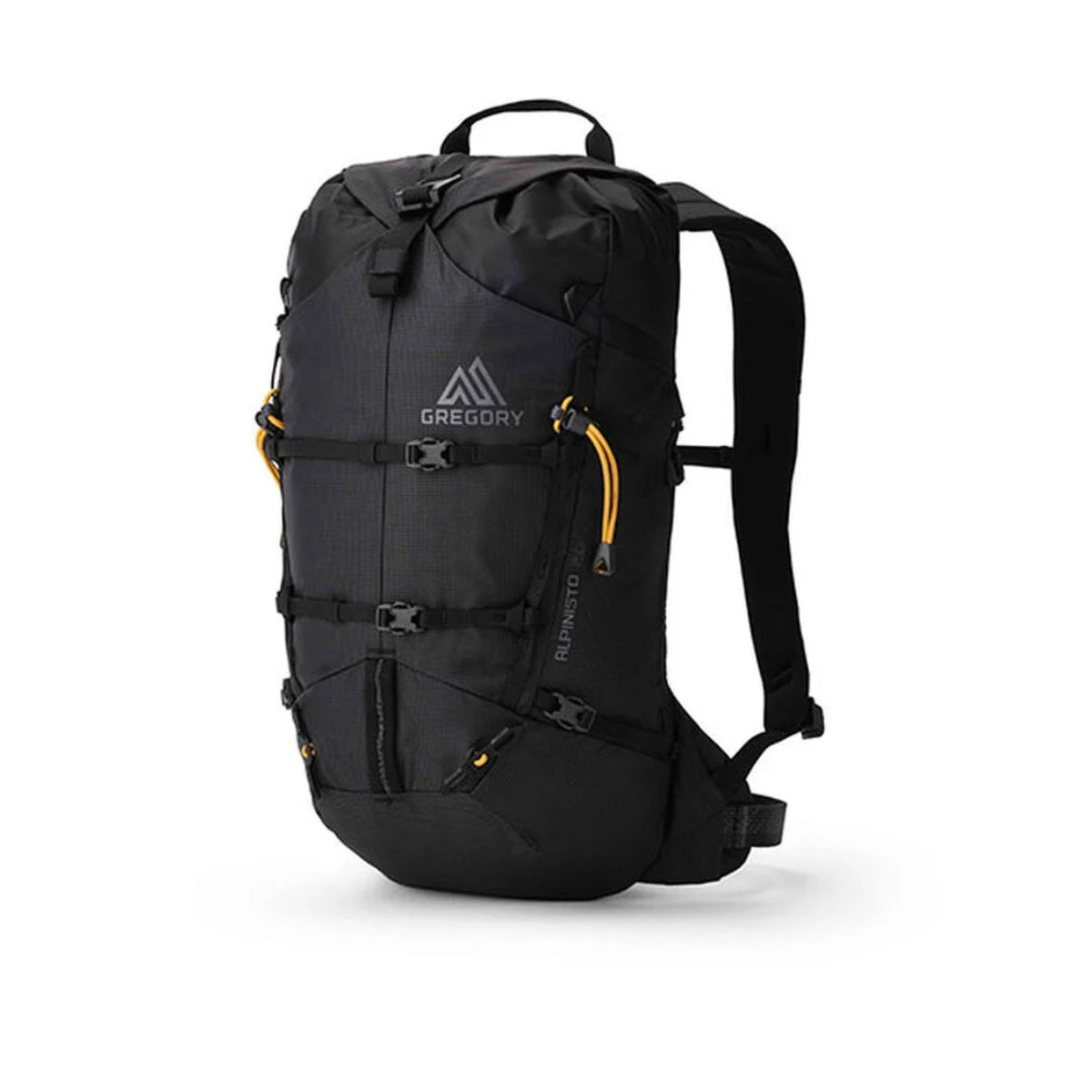 Black backpack with visible brand logo on a white background